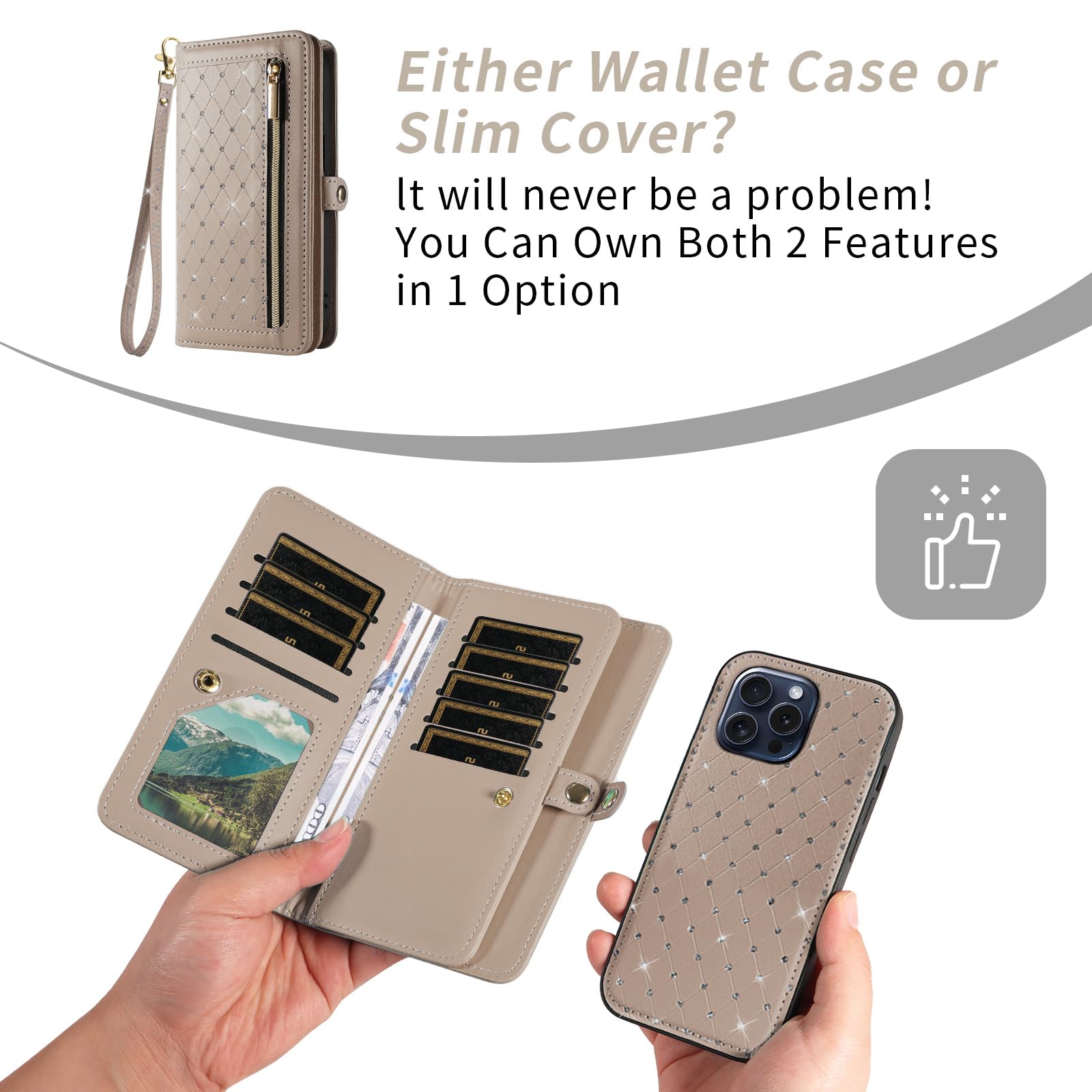 Custodia per iPhone 15 Pro Max da 6,7 pollici, con cerniera, custodia rimovibile con pellicola protettiva per lo schermo, tracolla con cordino glitterato porta carte di credito i Phone15 15Pro i15