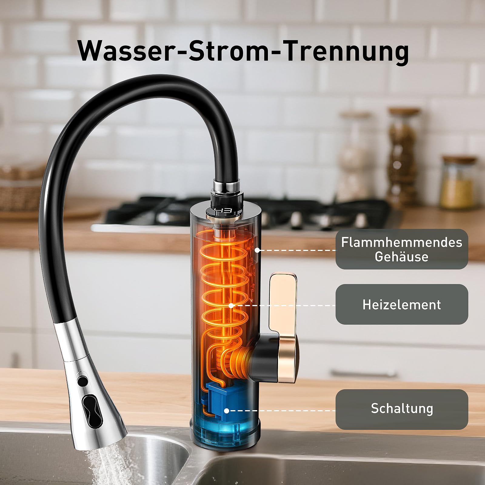 Lovelink Wasserhahn mit Durchlauferhitzer Farbadaptiv LED Temperaturanzeige 360° Flexibler Schlauch Elektrischer Durchlauferhitzer Wasserhahn für Küche/Bad/Balkon (Schwarz)