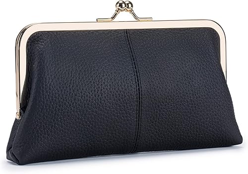 Vintage Kiss Lock Cartera de cuero genuino para las mujeres múltiples ranuras para tarjetas de viaje bolso de embrague, Negro -, Vintage