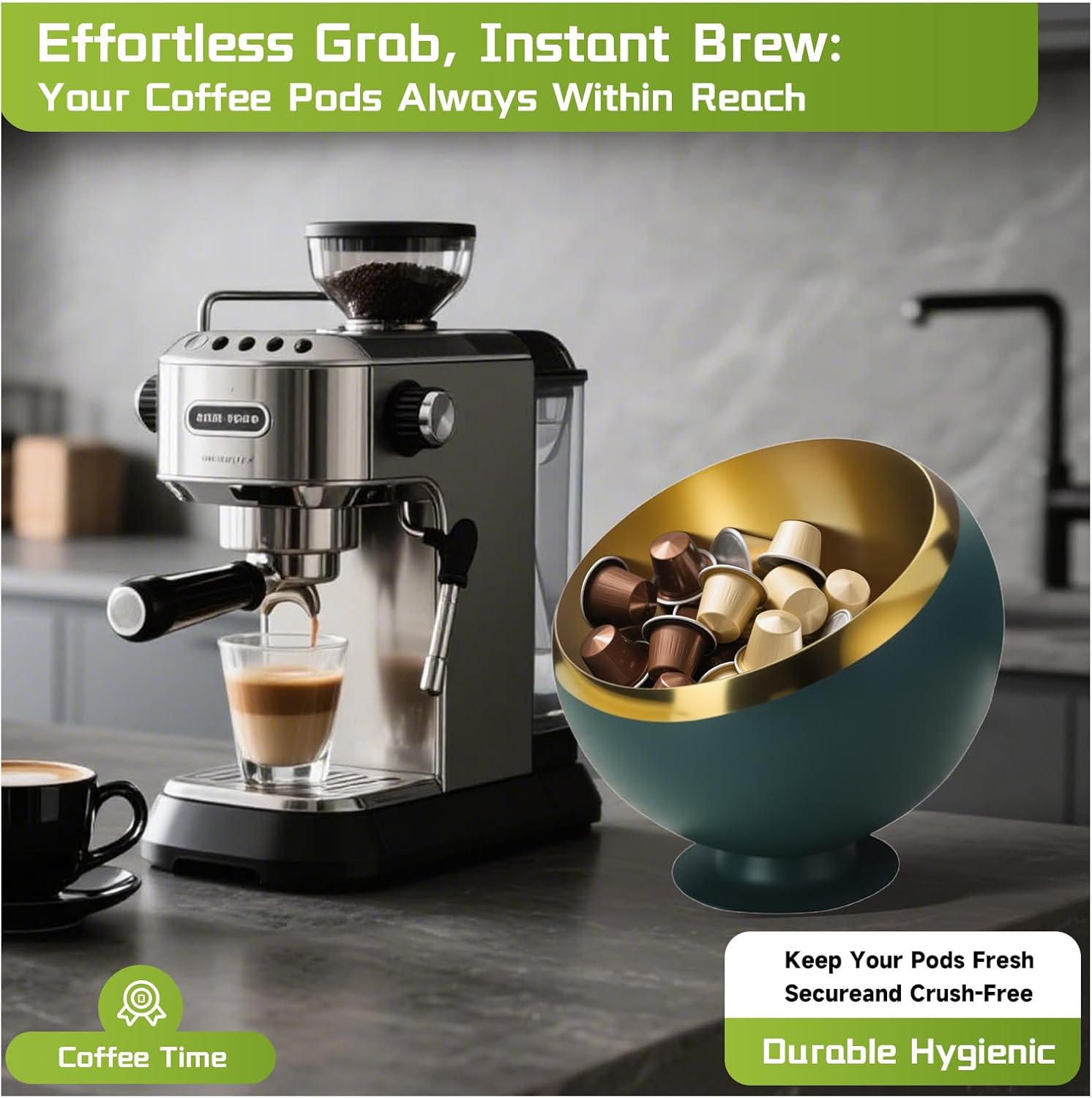 Coffee Pod Holder with Slanted Mouth - Stainless Steel Espresso Pod Organizer for Easy View & Quick Pick - Countertop Coffee Bar Accessories (Green, M)