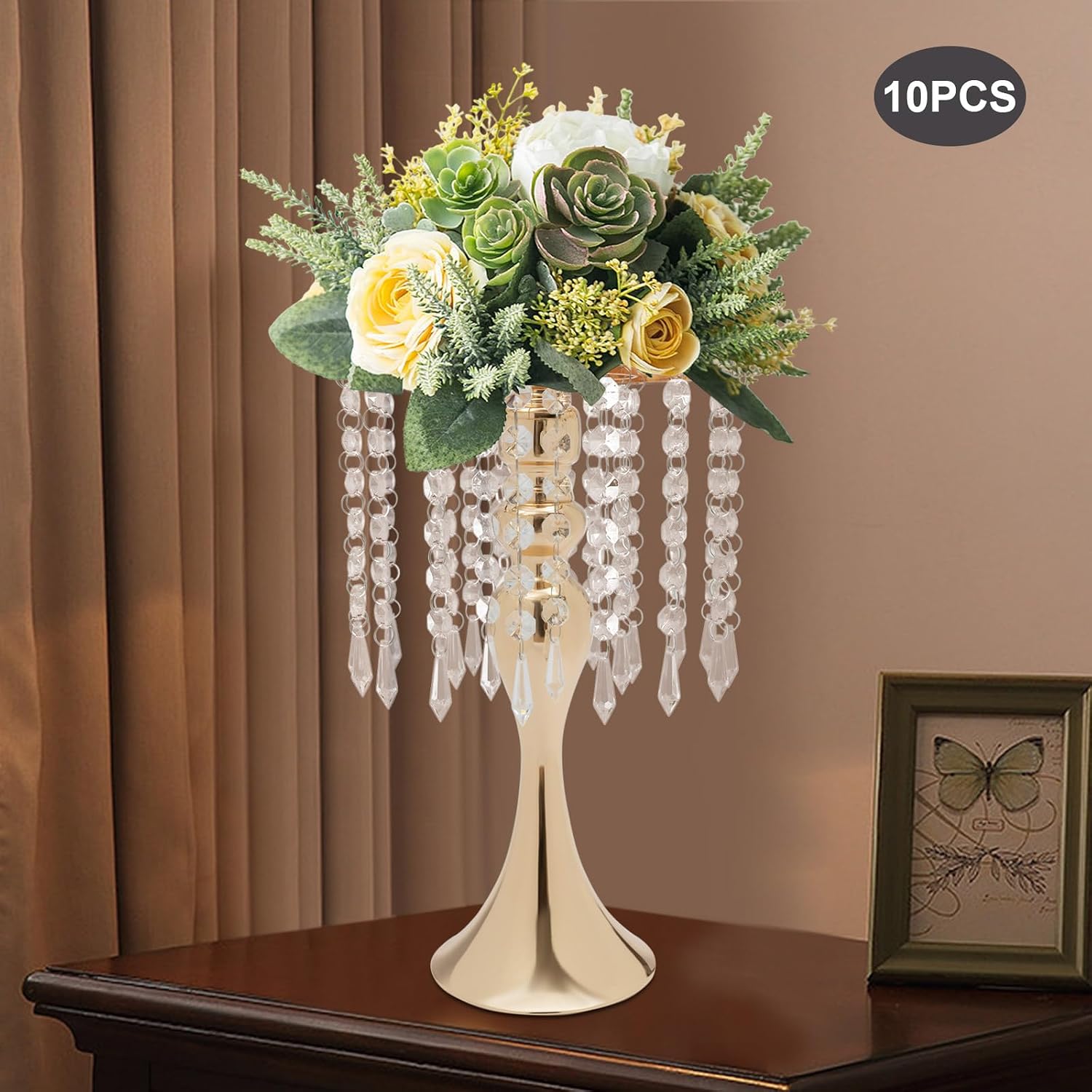 10PCS Crystal Flower Stand, 13.7" Wedding Centerpieces Gold Vases with Acrylic Beads, Gold Sands for Centerpieces,Birthday,Party,Home Decor