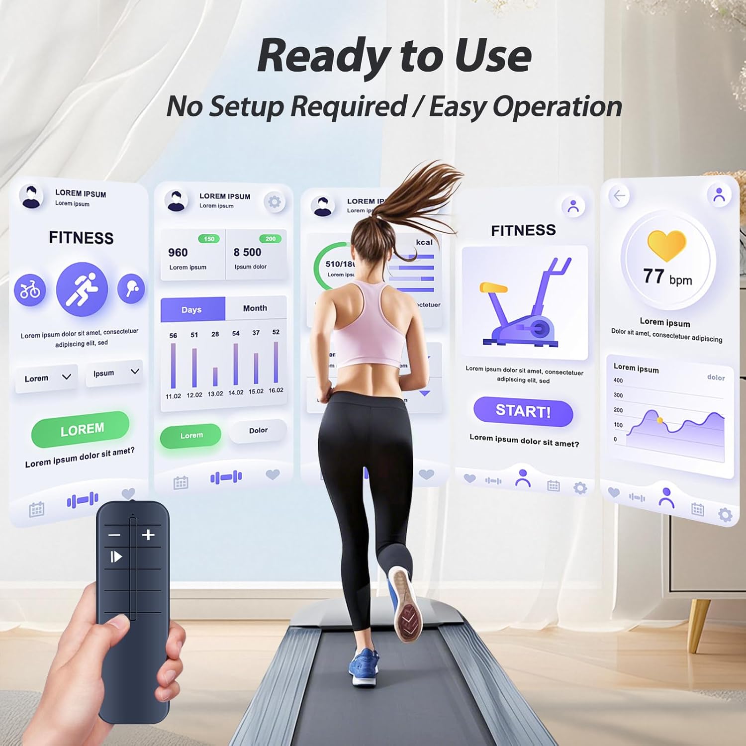 WDZP treadmill remote control in use with a walking pad, displaying fitness metrics on a screen.
