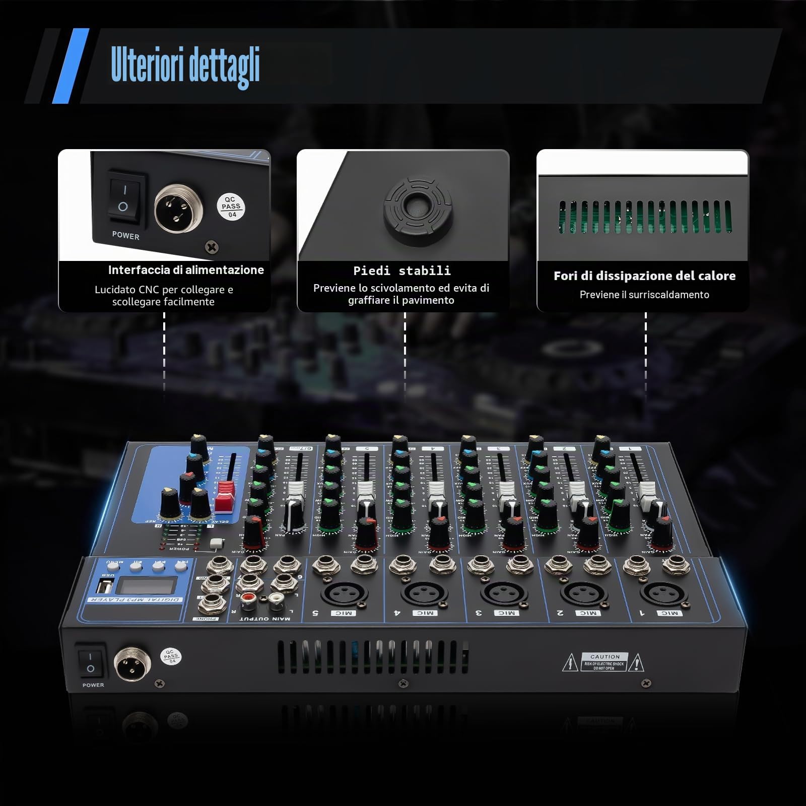 Mixer a 7 canali, mixer DJ mixer audio registratore e USB, 2 microfoni input, porta USB, per microfoni, chitarre, bassi, tastiere, mixer, strumenti, ecc