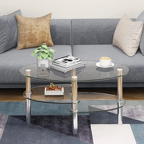 Miniatura 3 de COSTWAY Mesa auxiliar de cristal, mesa auxiliar de sofá de 3 niveles con patas de tubo de metal y estantes abiertos, moderna mesa auxiliar ovalada