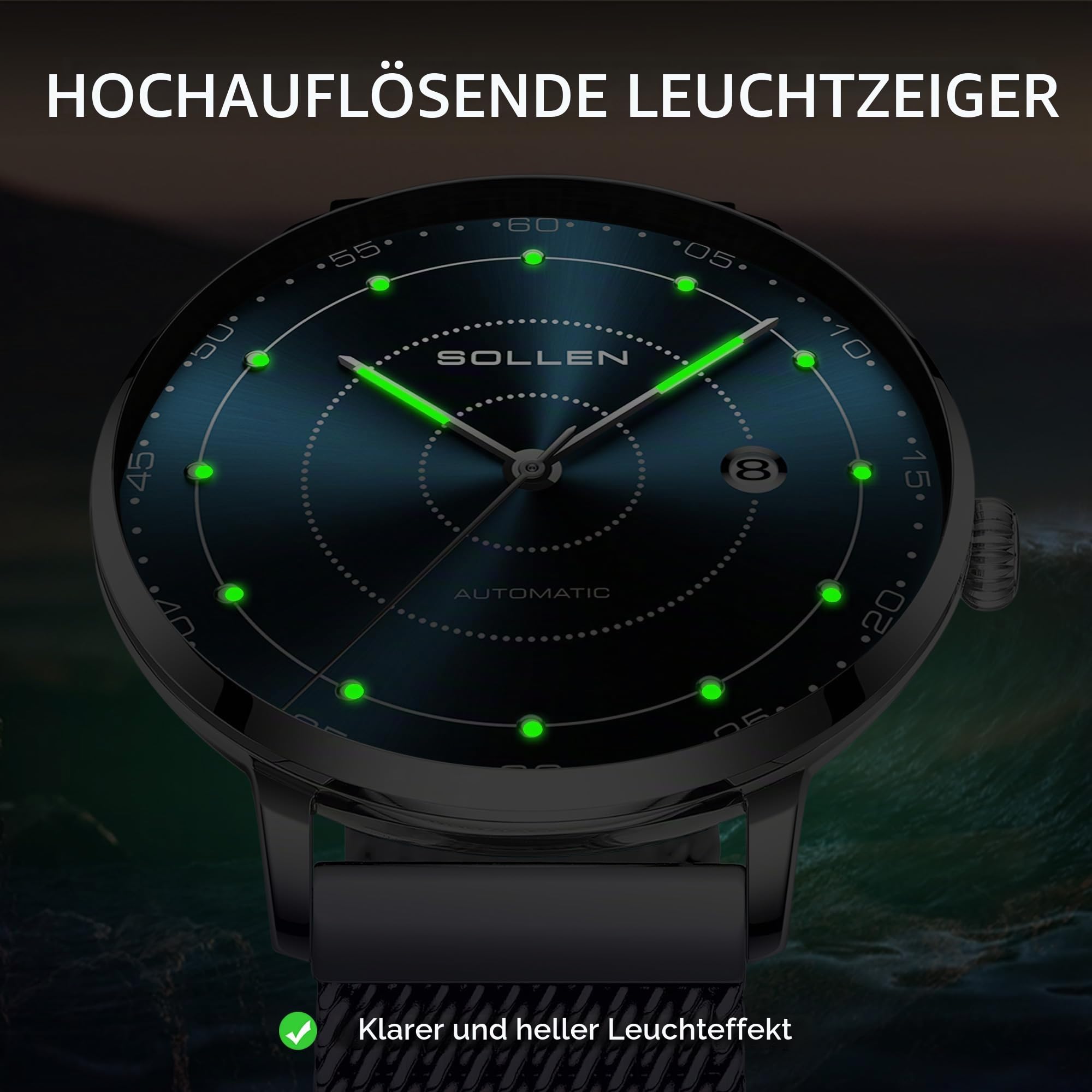 SOLLEN Mechanische Armbanduhren Herren,Klassische Minimalistische Herrenuhren Luxus,Wasserdicht Leuchtend Selbstaufzug Business Automatische Herrenuhr mit Kalendar,Automatikuhr als Geschenk für Männer