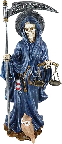 Miniatura 9 de Ebros Gift Figura de Santa Muerte de pie con guadaña y escalas de justicia con búho sabio de 10.25 pulgadas de alto, hueso de la muerte sagrada,