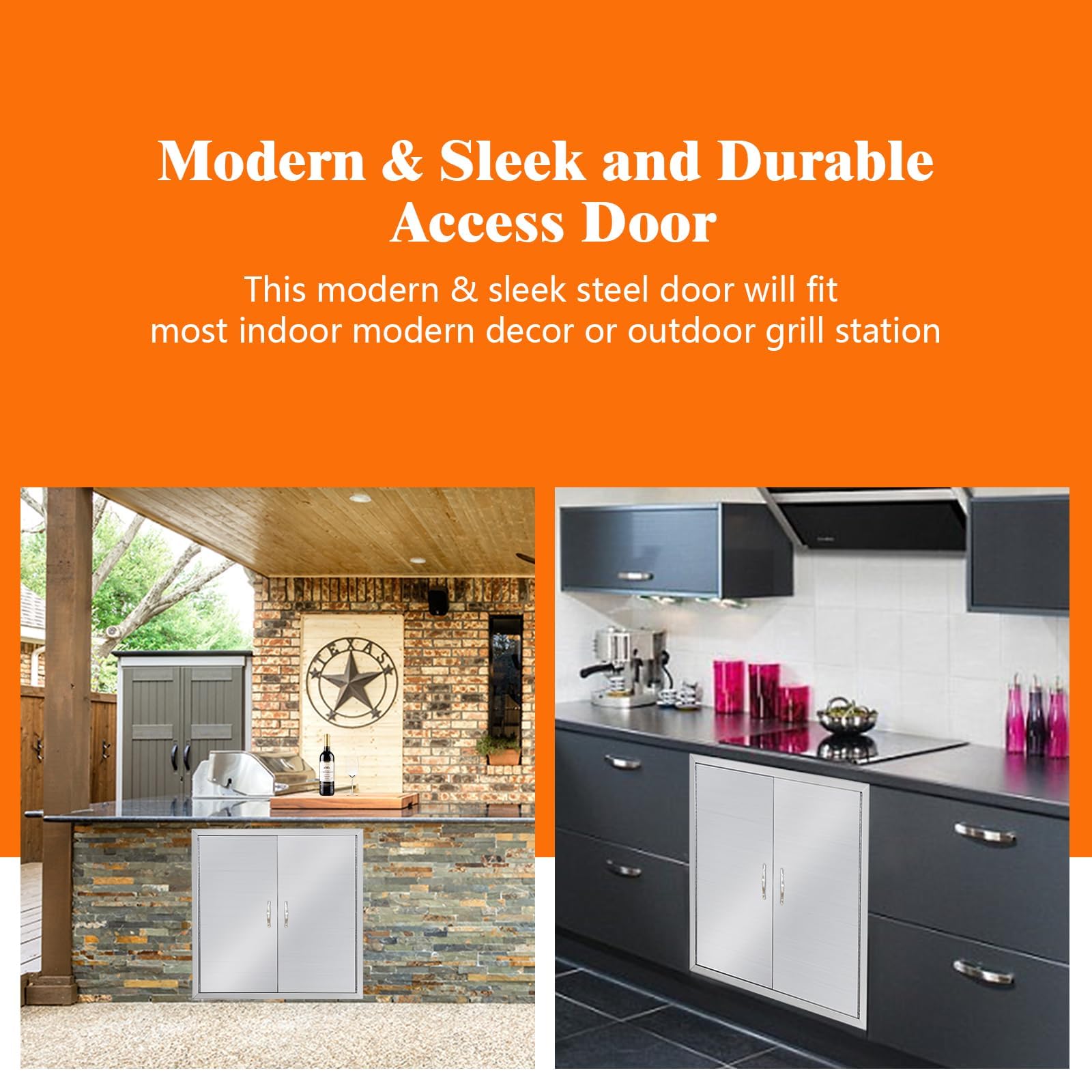 Garvee Puerta Doble para Cocina Exterior 77,5 × 53,3 cm, Acero Inoxidable, Puerta de Acceso BBQ Empotrable con Cierre Magnético, Resistente al Agua y a la Corrosión
