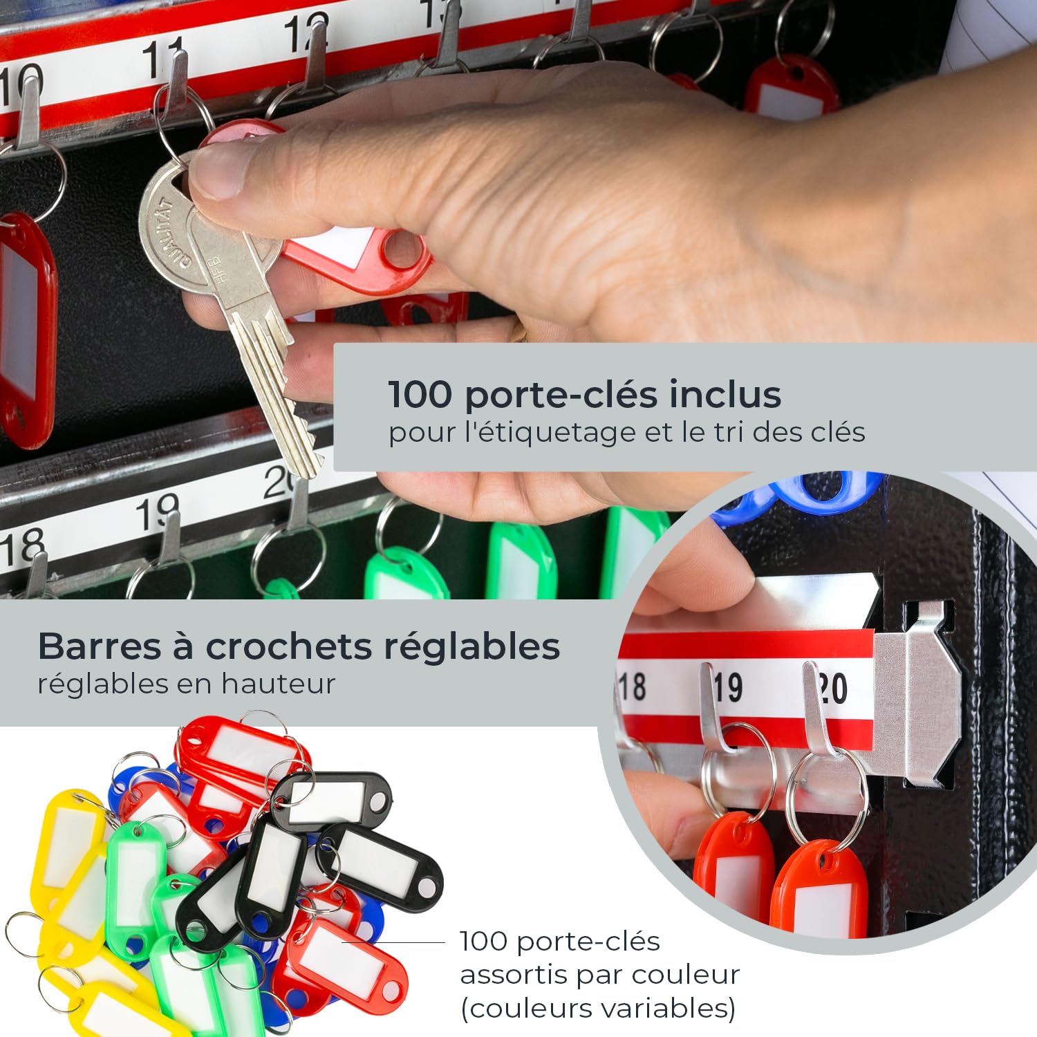 HMF Armoire à clés Grande capacité en Acier, Boite a Clef Murale verrouillable pour Bureau, Administration ou Parc Automobile | 100 Crochets à clés | 55 x 38 x 8 cm | Noir