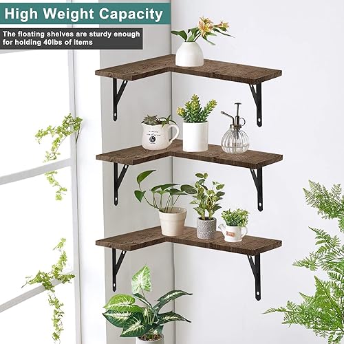 Miniatura 4 de YSBYWSYR Estantes flotantes de esquina montados en la pared juego de 4 estantes colgantes de madera rústica para dormitorio sala de estar baño
