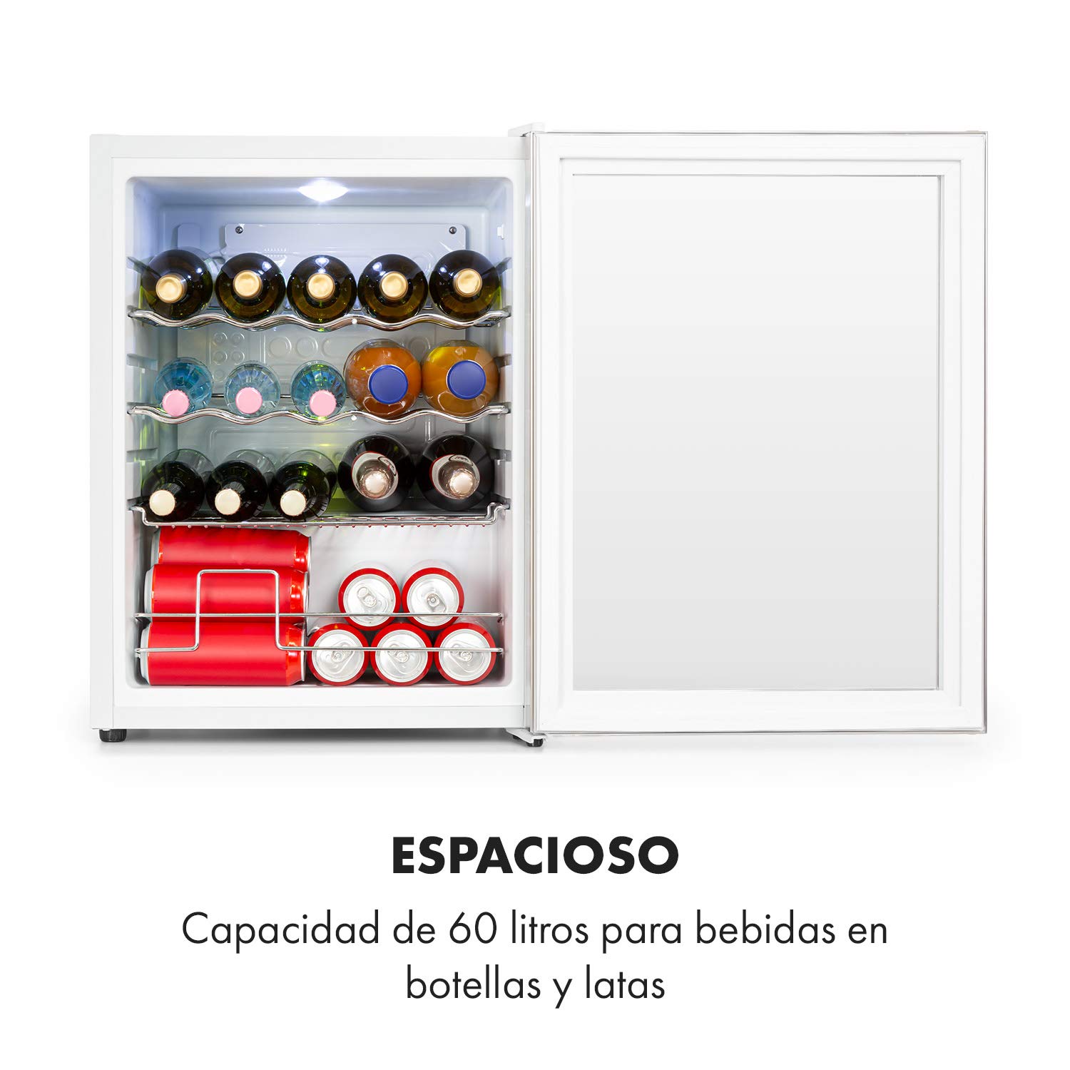 KLARSTEIN Nevera Pequeña Portatil Electrica para Bebidas, Mini Frigorifico con Estantes y Puerta de Cristal Habitaciones, 60L