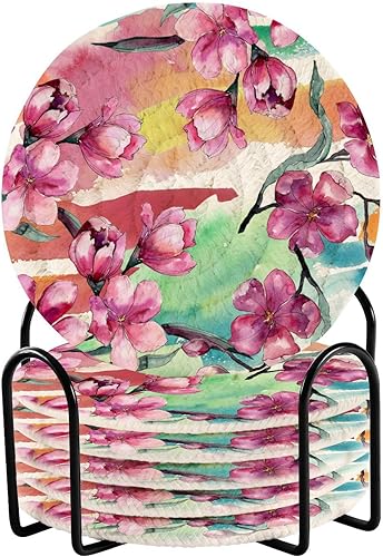 Watercolor Bouquet Pink Flower Botanical Floral Drink Coasters Set 4 Inch 6 Pcs Absorbent Coasters for Coffee Table Home Bar Must Haves Desk Decor