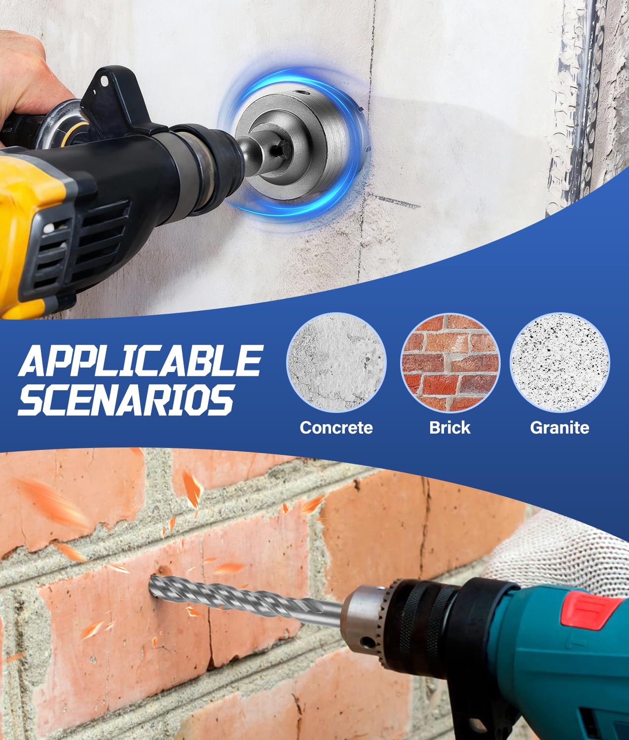 WADEO Set 7 Pezzi Punte SDS Plus 160mm + Seghe a Tazza Ø68mm, Punte per Muratura in Metallo Duro, per Calcestruzzo, Mattone, Pietra - Accessori Professionali per Trapani