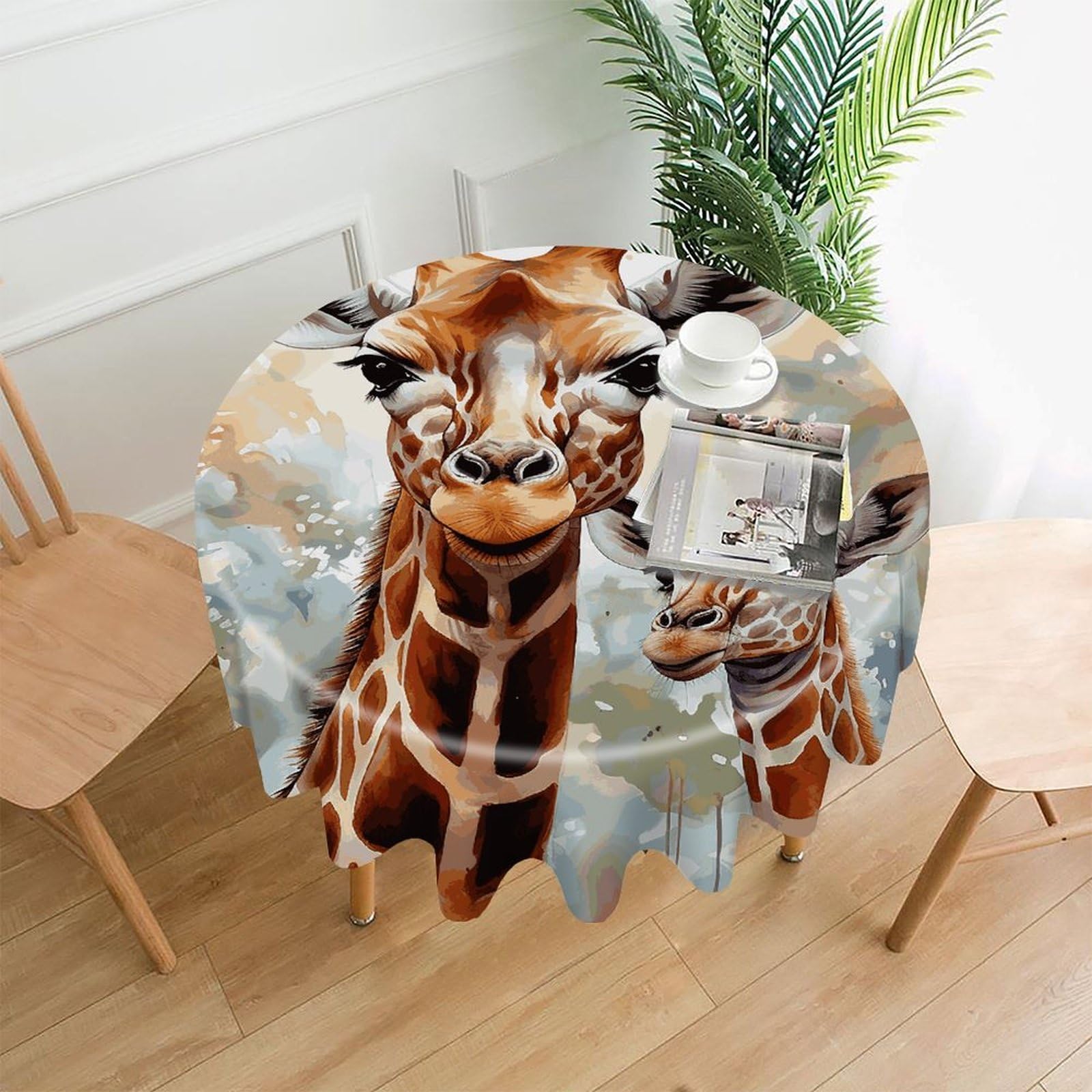FekiLoot Round Watercolor Deer Giraffe Tablecloth Decorative Fabric Table Cloth Wrinkle Free Circle Dining Tablecover Washable Polyester Table Cover for Holiday Dinner Party Decor 60"