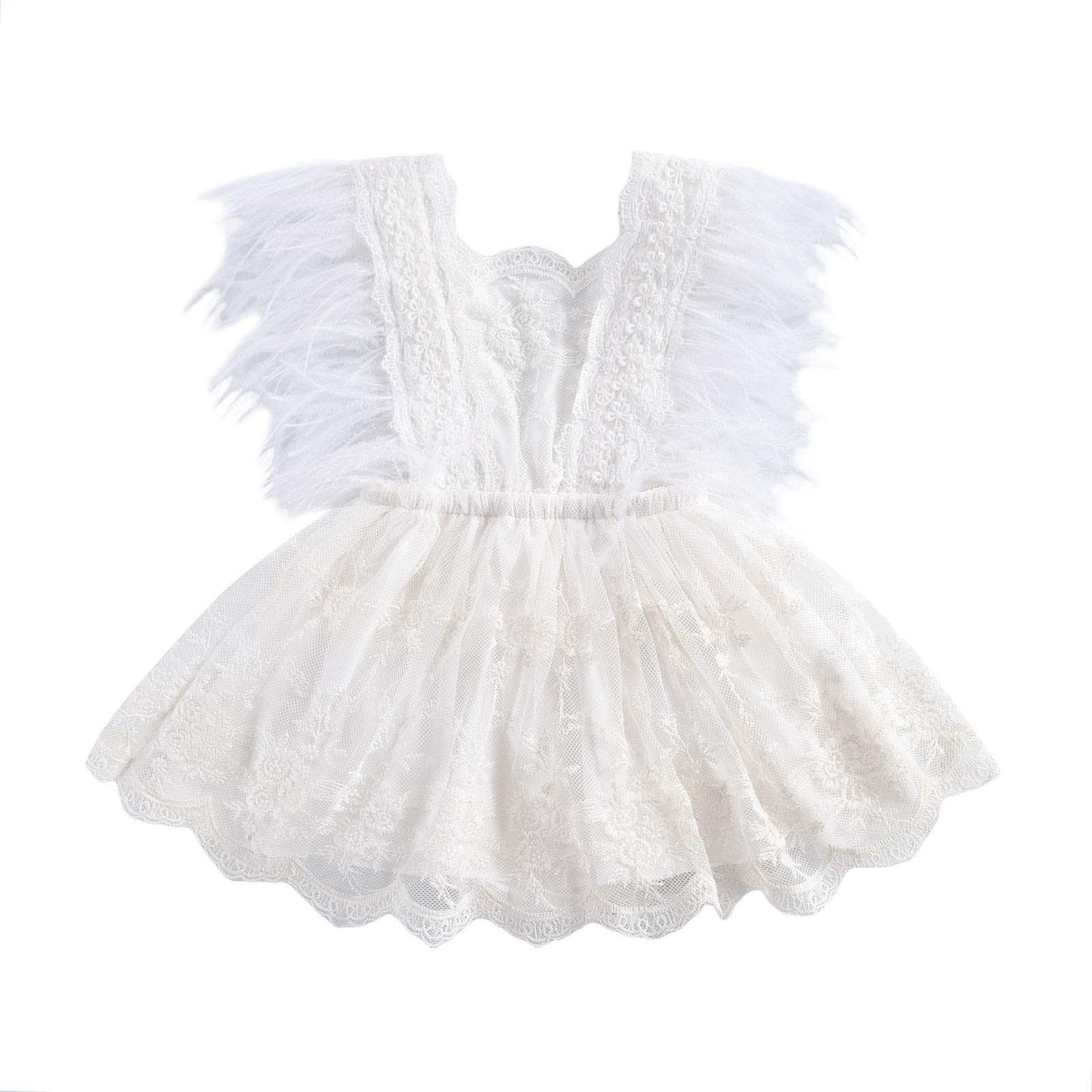FEIBELBaby Girl Feather Flutter-Sleeve Backless Ruffle Romper Dress 0-24 Months