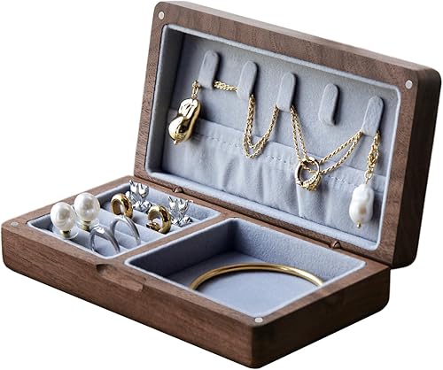 Joyero pequeño de madera de nogal Mini joyero de viaje de madera, organizador portátil para anillos, aretes, collares y pulseras de almacenamiento