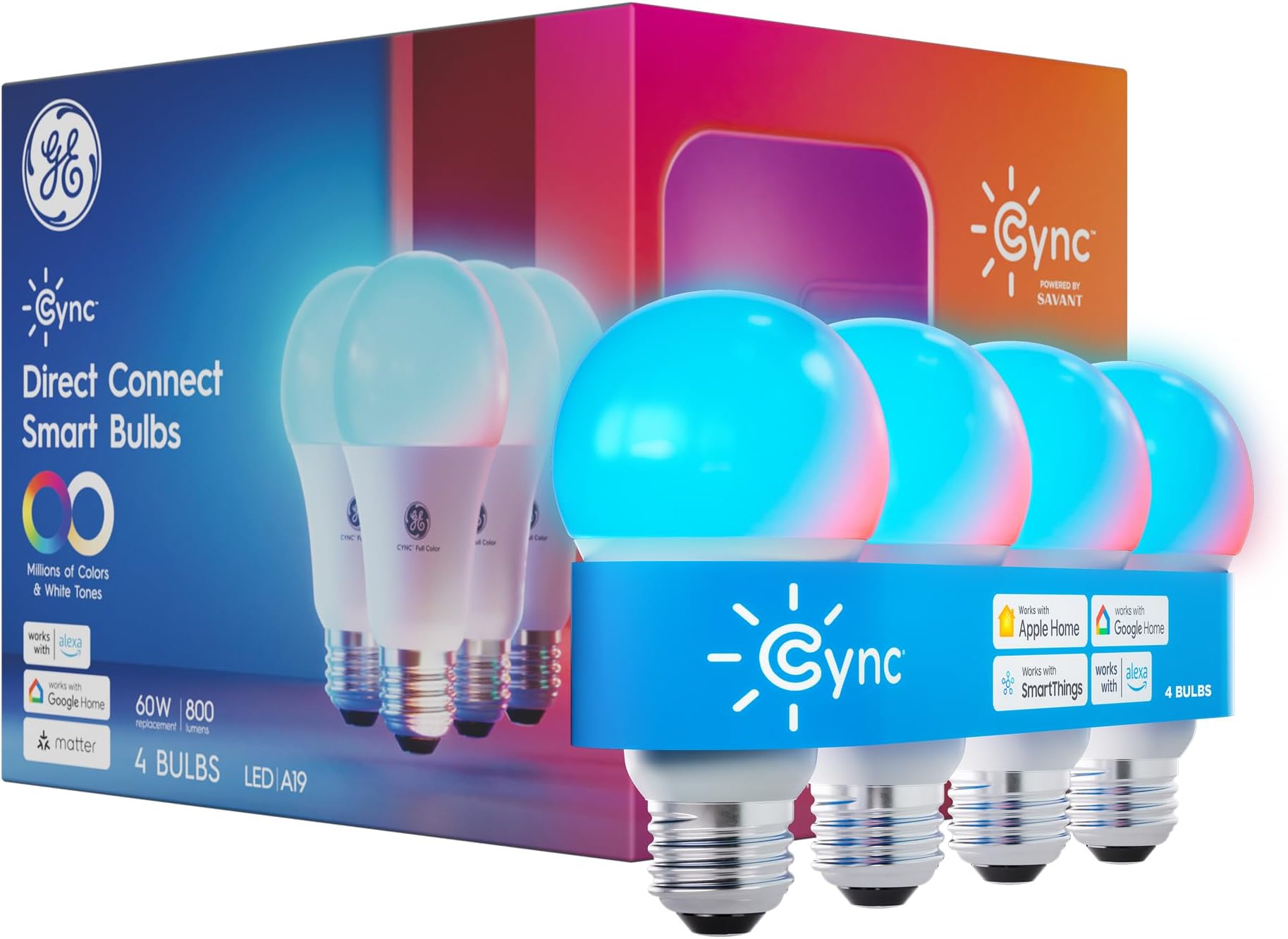 - Cync GE A19 Smart LED Light Bulbs, Color Changing Room Décor, Works with Alexa and Google Home, Matter Compatible, LED Lights for Bedroom, Millions of Colors and White Tones (4 Pack)
