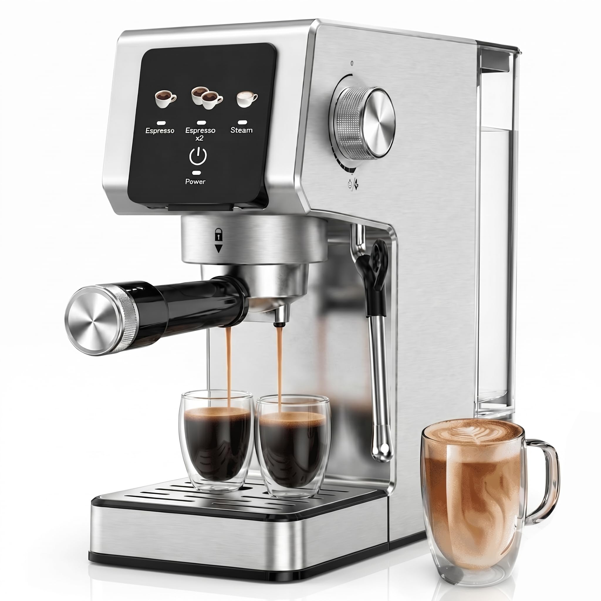 Espressomaschine 20 Bar Siebträgermaschine mit Touchscreen, 1350W Kaffeemaschine mit Milchaufschäumer, 1,2L Wassertank, Einzel- & Doppelshot