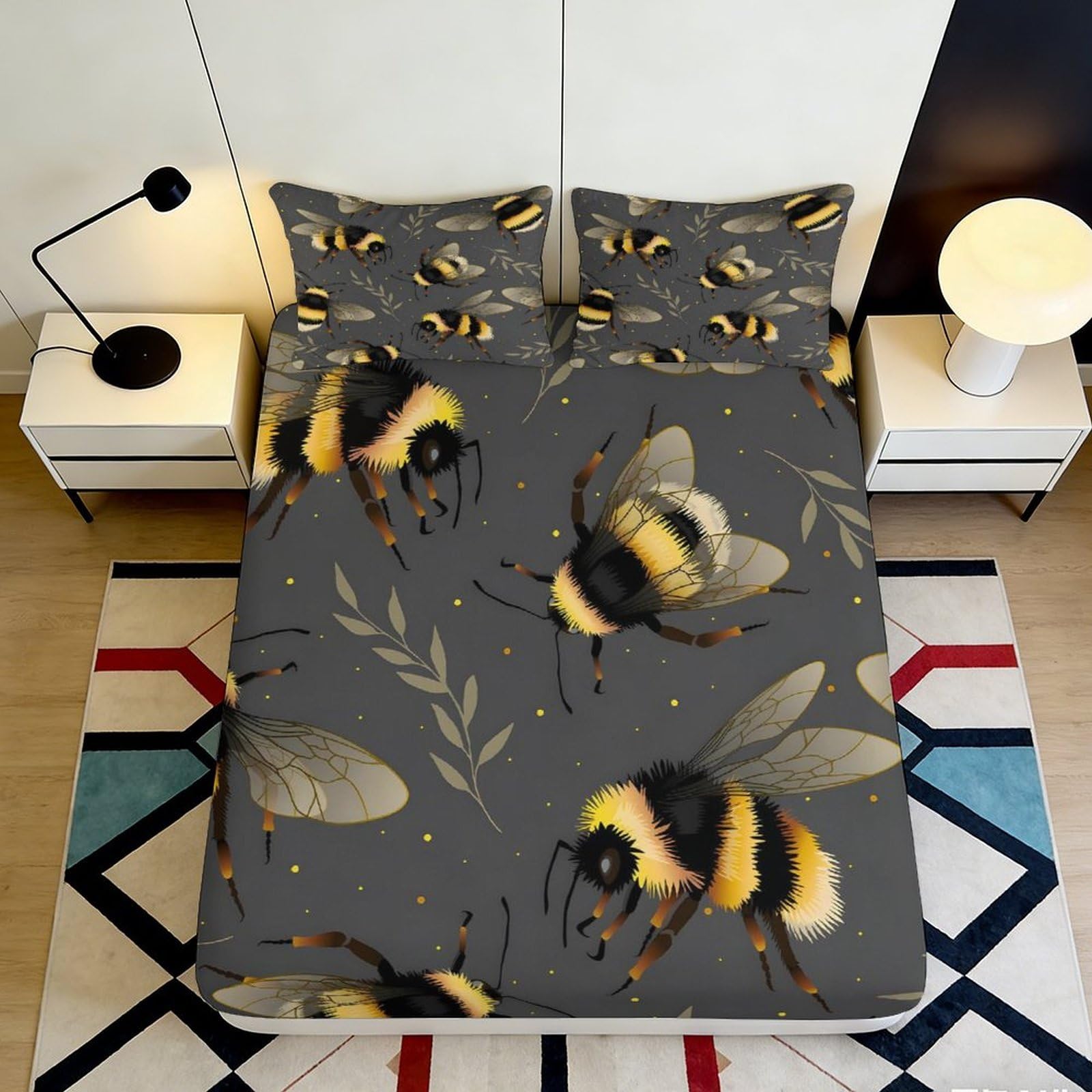 Pnayamiorkfel Style-3 3D Printed Bumblebee Botanical Fitted Sheet Microfiber Soft Anti-Slip Bed Cover For Bedroom Guest Room Decor 90X200x25cm