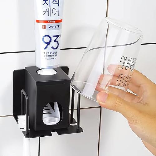 HANZE Soporte para cepillos de dientes con dispensador de pasta de dientes, adhesivo de acero inoxidable 304, soporte para cepillo de dientes