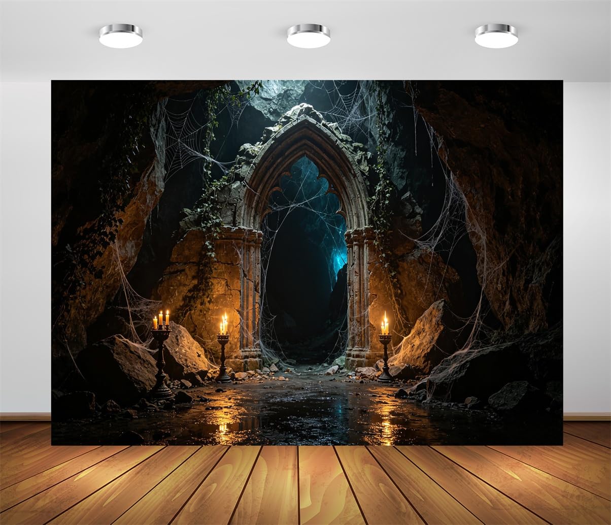 BELECO 6x3m Sfondo in tessuto Grotta Gotica Sotterranea Infestata | Grotta Ad Arco In Pietra Antica Luce Di Candele Ragnatela Sfondo Festa Halloween Telo Di Sfondo