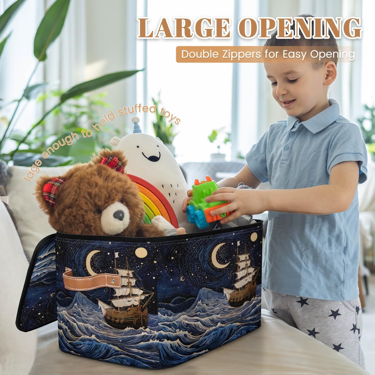 Storage Bin Set of 2 Ocean Ship Storage Basket with Zipper Lid & Handle Foldable Closet Shelf 2 Pack Cloth Organizer Basket Cube Bins Clothes Organizer for Bedroom, Nursery