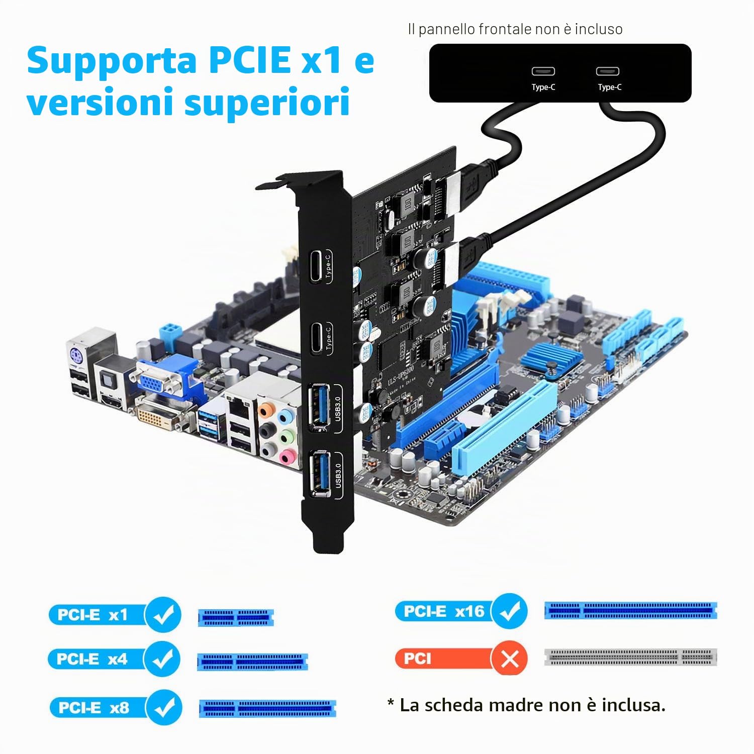 Scheda PCIe USB 3.0 con 4 Porte USB (Type-A + Type-C) e 2 Header Interni 5 Gbps per PC Windows