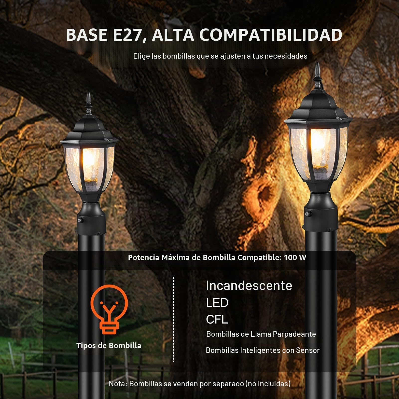 VEVOR 2 PCS Farolas Exteriores de Anochecer al Amanecer, 390 mm, Resistentes al Agua con Base de Montaje en Pilar de 9 cm, Pantalla de Vidrio Farola Exterior a Prueba de Rayos para Patio, Jardín