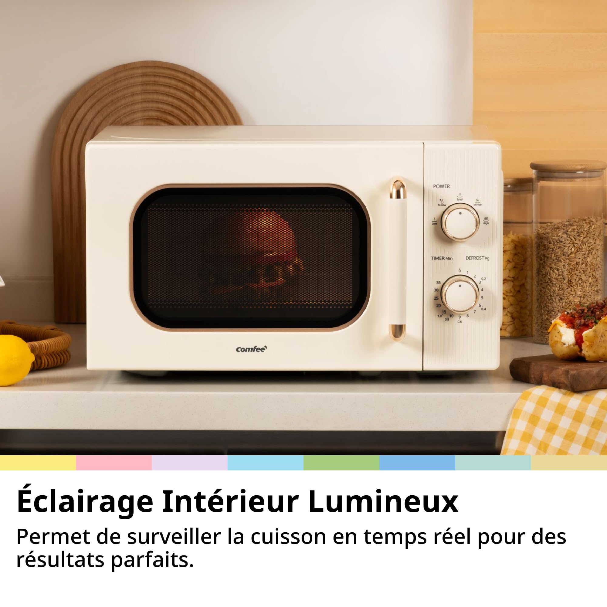 COMFEE' CMO-M202NC(CM) Micro-Ondes Vintage Rétro Élégant Avec 5 Niveaux De Puissance, 700 W, 20 L, Minuterie Réglable 0-35 Min, Commandes Simples, Éclairage Intérieur, Crème Abricot