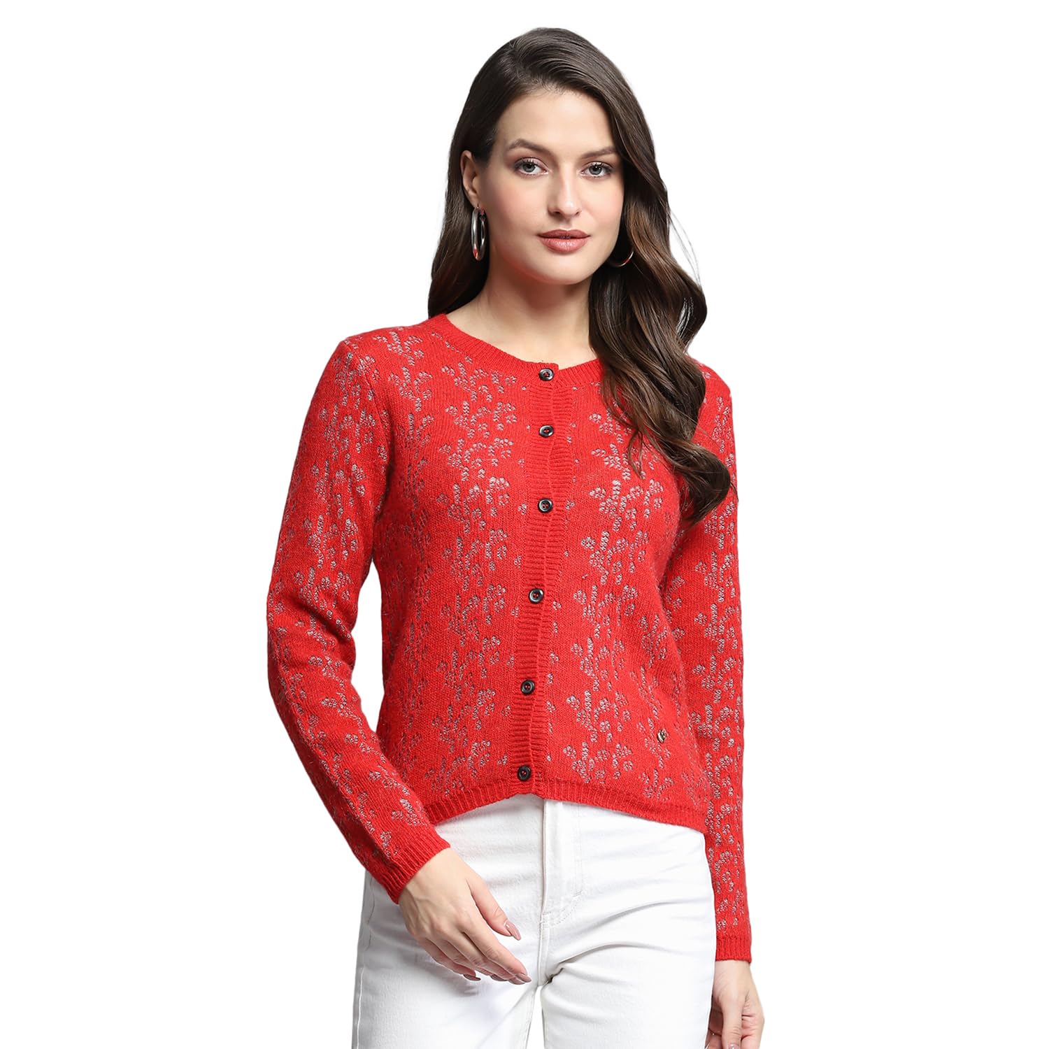 monte carlo Womens Self Design Red Round Neck Full Sleeve Cardigan_1243593RN-1-picture-11