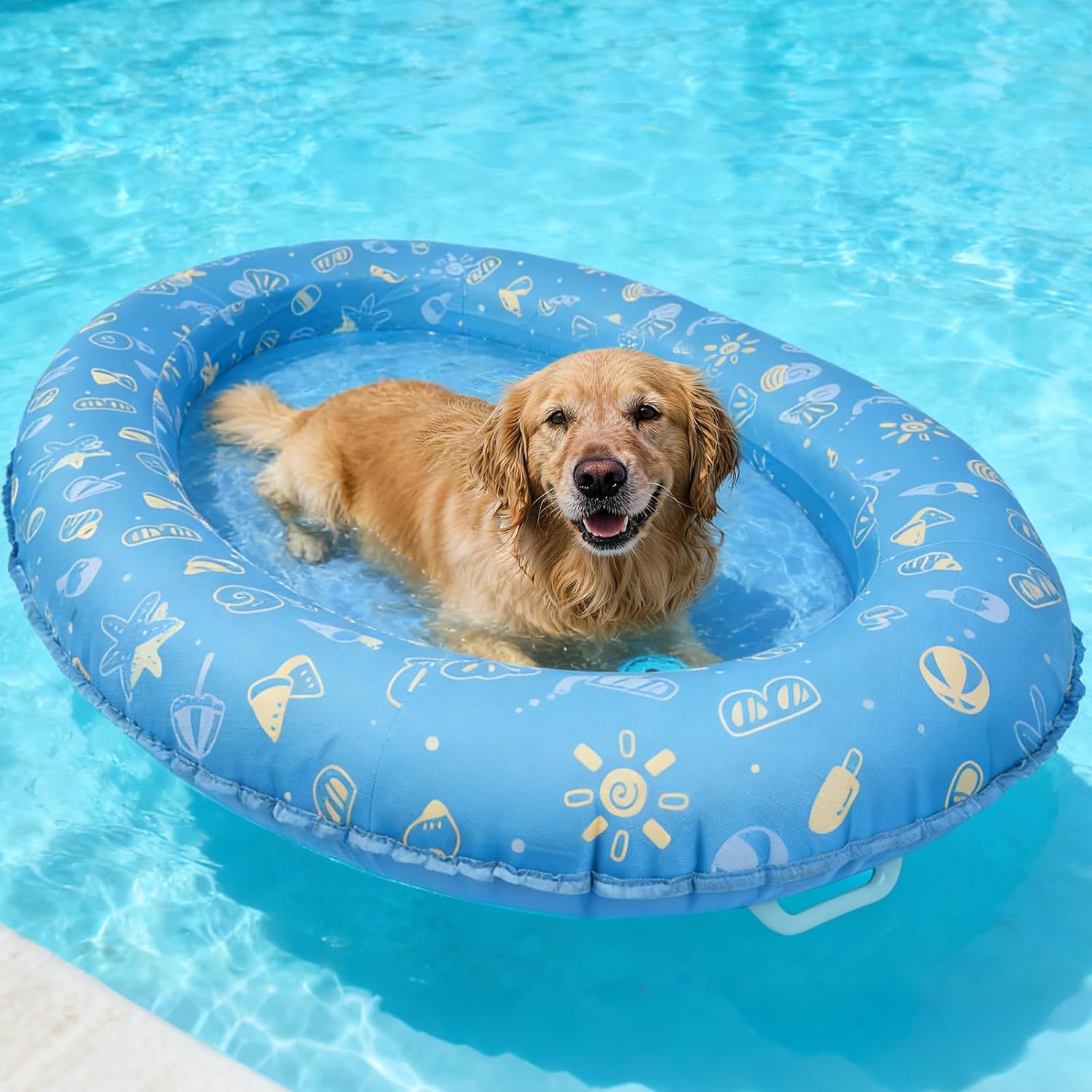 BurgeonNest Dog Pool Float Raft, 57"x39" Dog Raft for Small Medium Dogs up to 80 lbs, 2-in-1 Dry & Cooling Mode with Adjustable Drain Hole, Tear-Resistant Fabric & Sturdy Handle for Pool Lake River