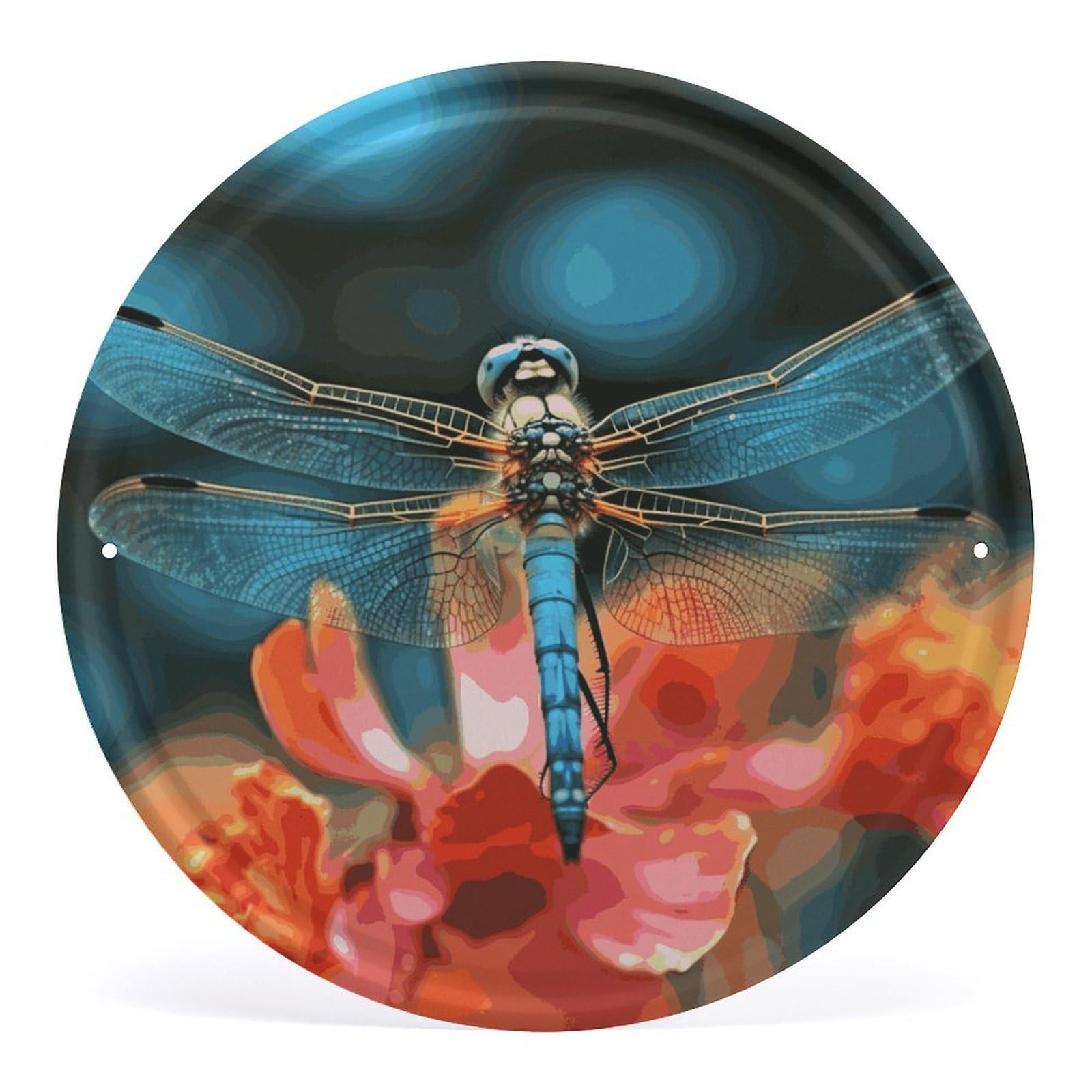 Fodpand Style Dragonfly On The Flower Round Wall Art Hanging Decorations, Wall Decor Modern Minimalist Artwork, Tin Sign Hanging Picture For Living Room, Bedroom, Office, Hallway, 11.8X11.8 Inch