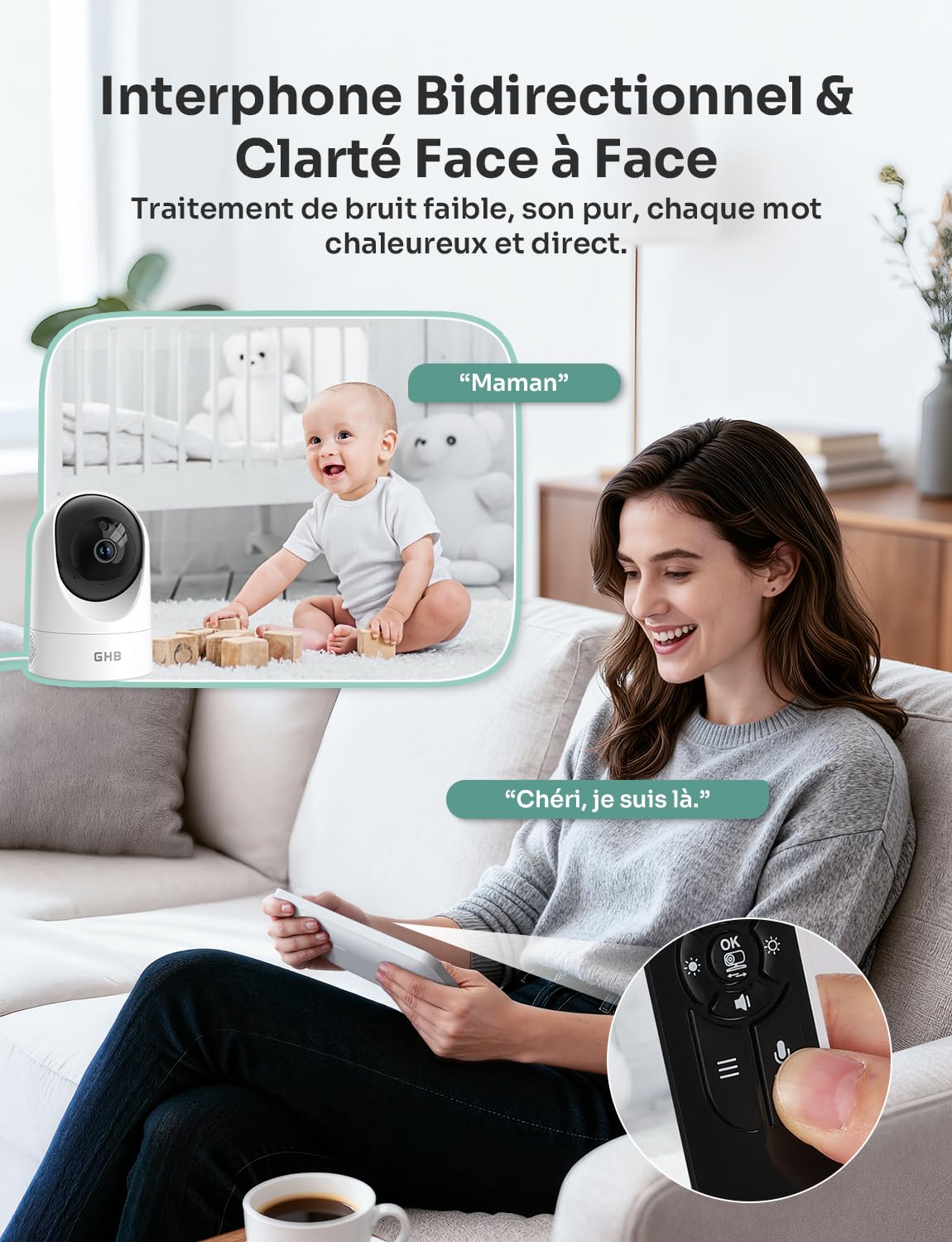 GHB Babyphone Cémera 7" 1080P Caméra Bebe Surveillance 350° Rotation Écran IPS HD Mode VOX 168H Autonomie de la Batterie Audio Bidirectionnel Alerte de Température 8 Berceuses