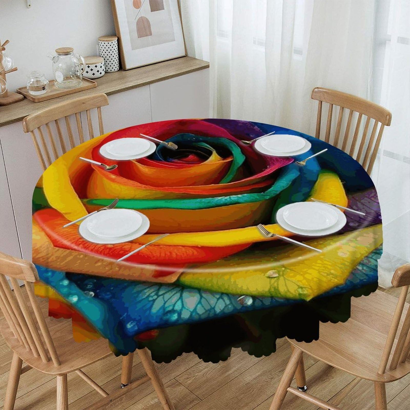 JTREHY Rainbow Rose Round Tablecloth 60 Inch Water Resistant Spill Proof Washable Polyester Table Cloth Wipeable Washable Table Cover for Buffet Tables Holiday Party Dinner