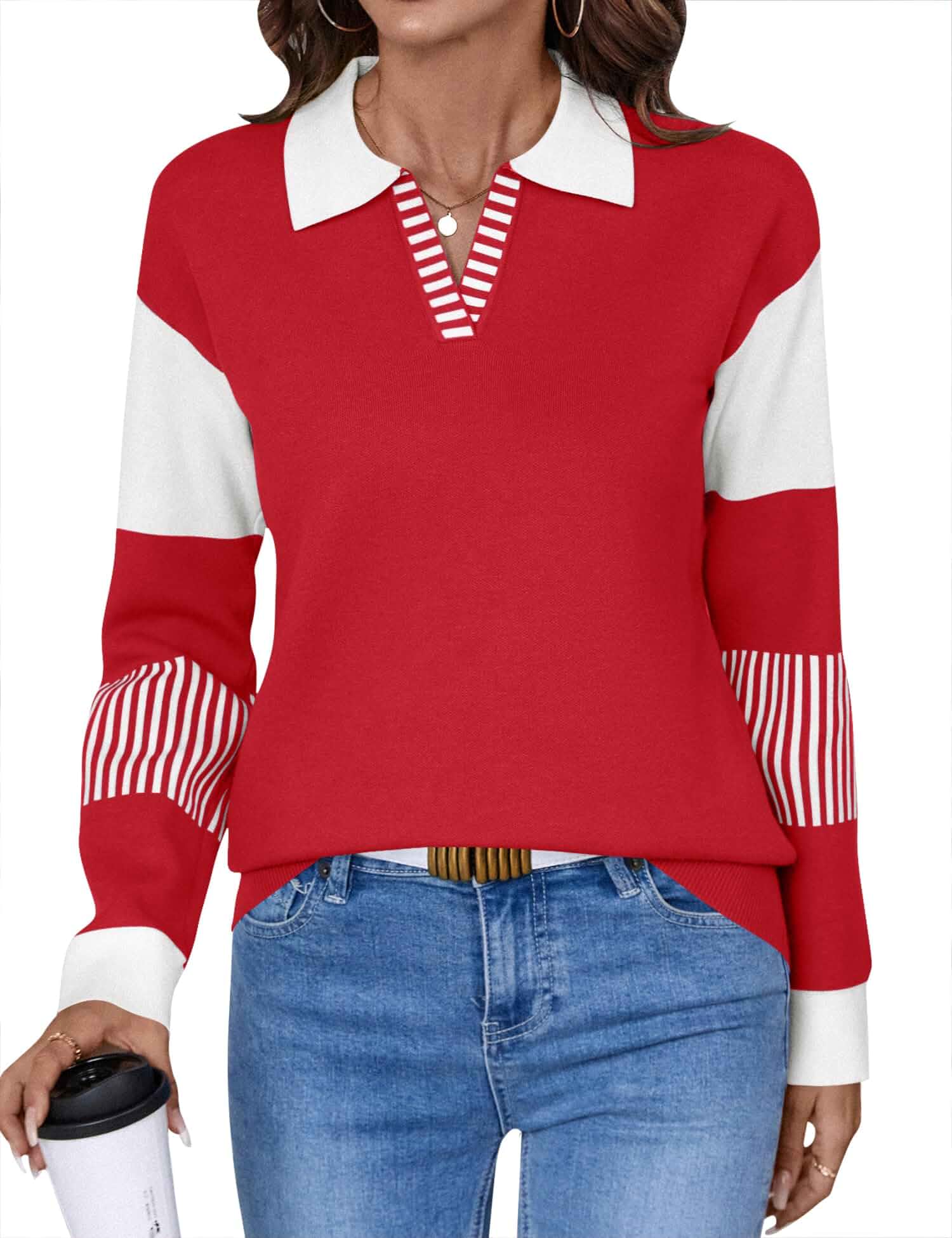 LOMON V Neck Long Sleeve Loose Sweaters Color Block Striped Knitted Pullover Jumper Tops Long Sleeve