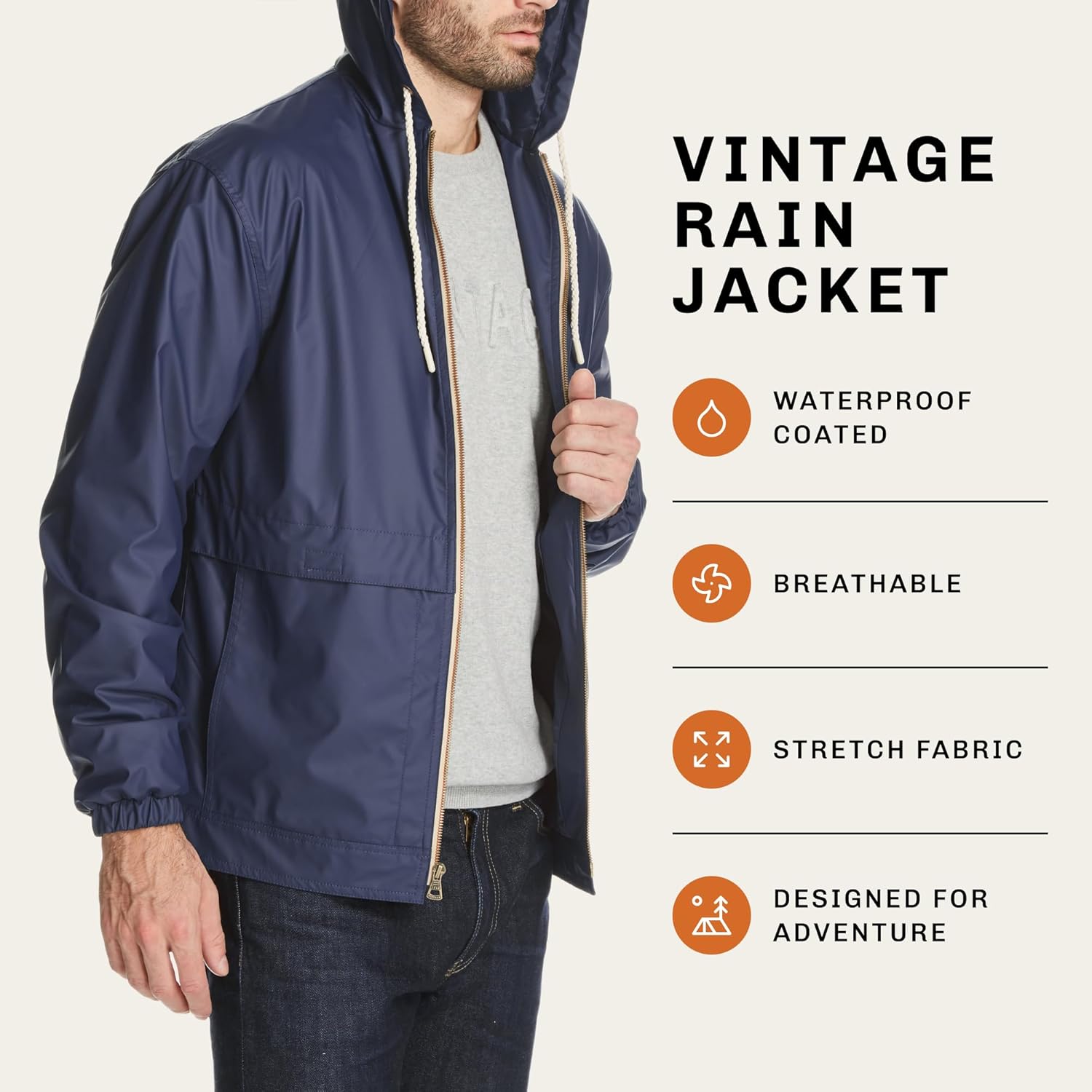 Weatherproof Vintage Mens Lightweight Waterproof Coated Hooded Rain Jacket- Light Windbreaker Raincoat for Men- Rain Slicker