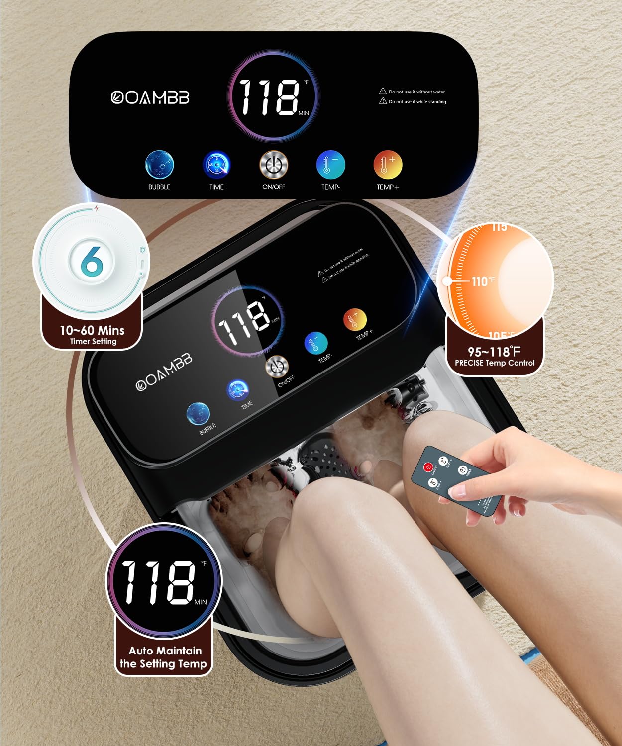 OOAMBB Zusammenklappbare Fuß-Spa-Badewanne mit Fernbedienung, Wärme- und Blasen- und Timer, Schwarz | XL Farb-Touchscreen, 6 nicht motorisierte Rollen, 4 Shiatsu-Massagen, Fuß-Einweichwanne, Pediküre-Fuß-Spa für Stressabbau