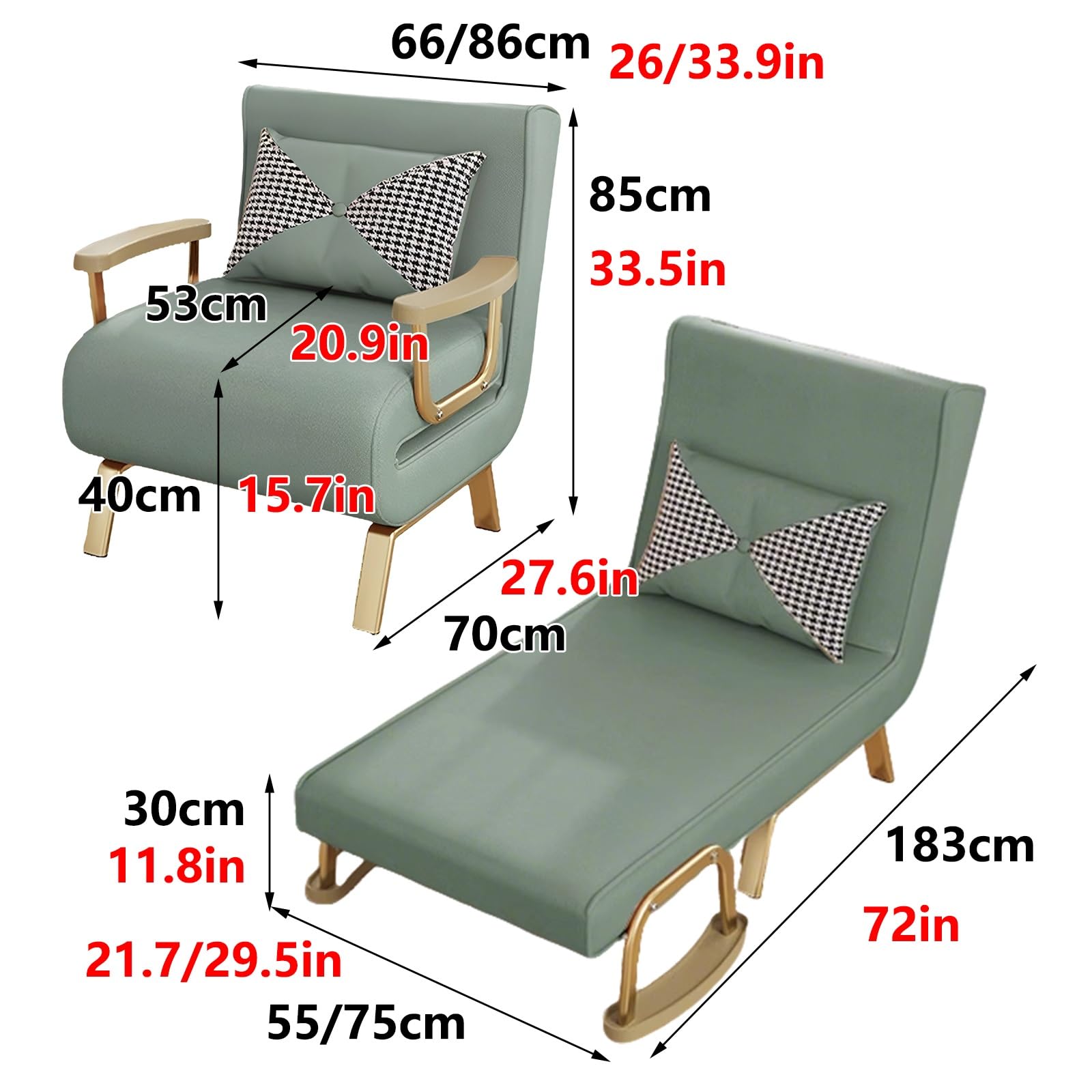 Recamiere mit Schlaffunktion Leder Abnehmbar und Waschbar Technisches Ledergewebe Klappsessel mit Schlaffunktion Beige Sechsstufige Verstellbarkeit Geeignet für Kleine Wohnungen(Green,183*55*30cm)