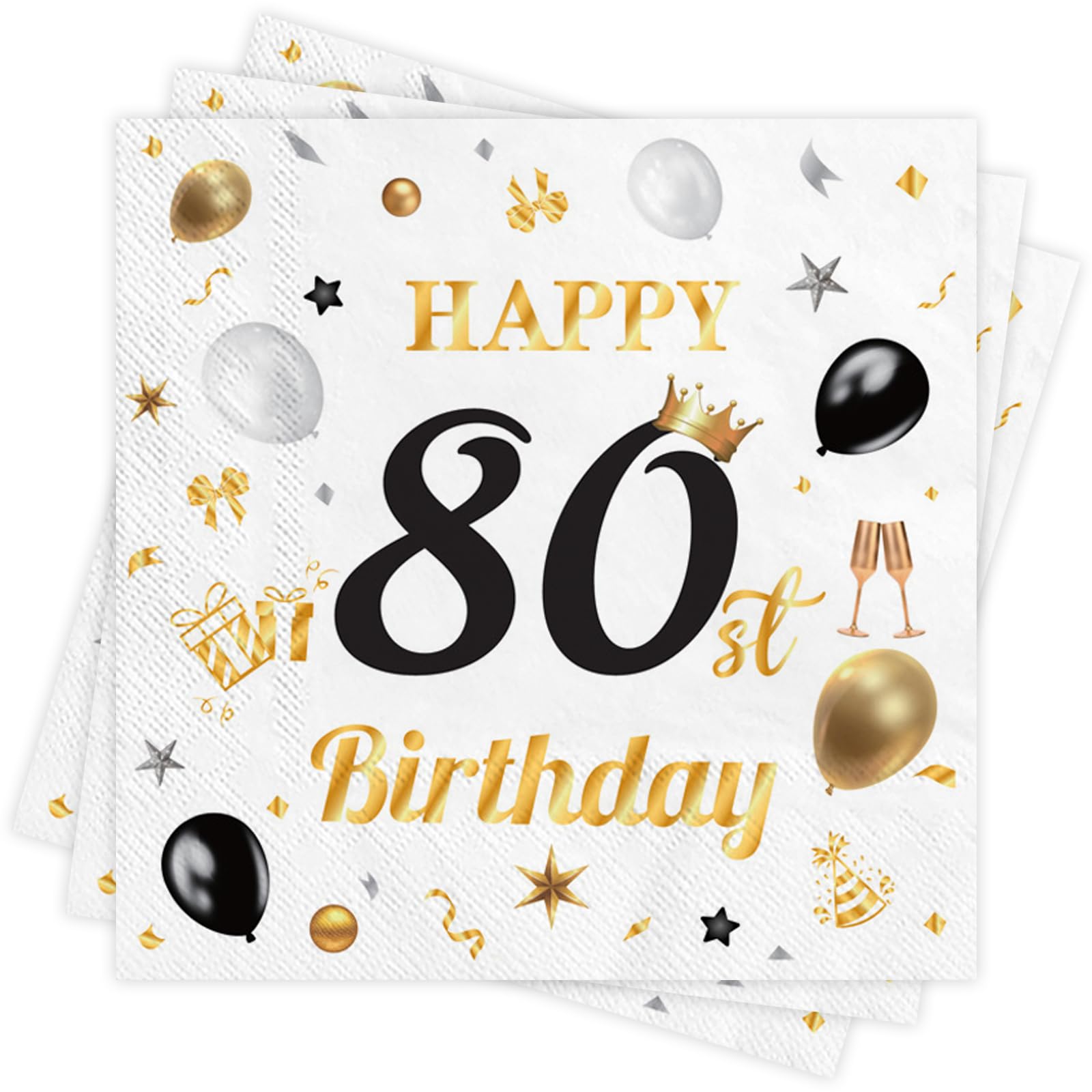 Wentsent White Gold 80th Birthday Paper Napkins, 40Pcs Happy 80th Birthday Party Paper Napkin Disposable,80th Birthday Serviettes Table Decoration for Men Women Her He 33x33cm