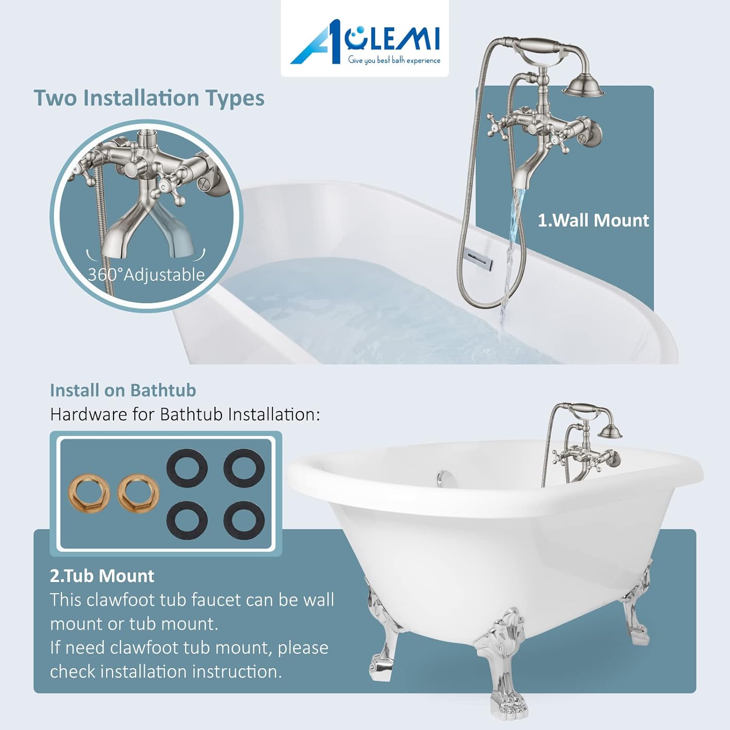 Aolemi Brushed Nickel Clawfoot Tub Faucet Wall Mount Bathroom Tub Filler Bathtub Shower Set Double Cross Handle with Handheld Sprayer
