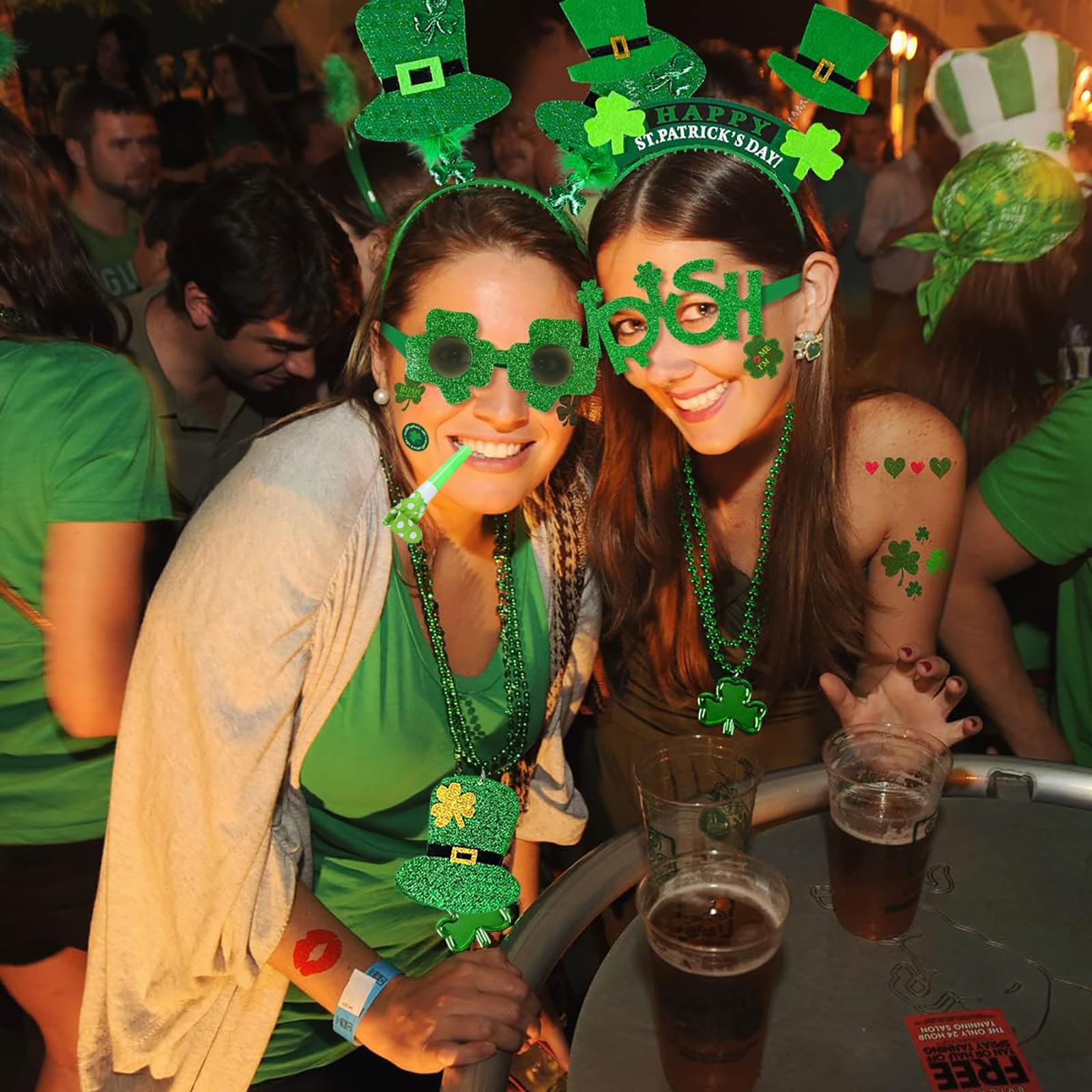 BFSYRR 16 Pcs St Patricks Day Accessories for Women Green Headband Shamrock Eyewear Necklace Tattoo Stickers - Image 3