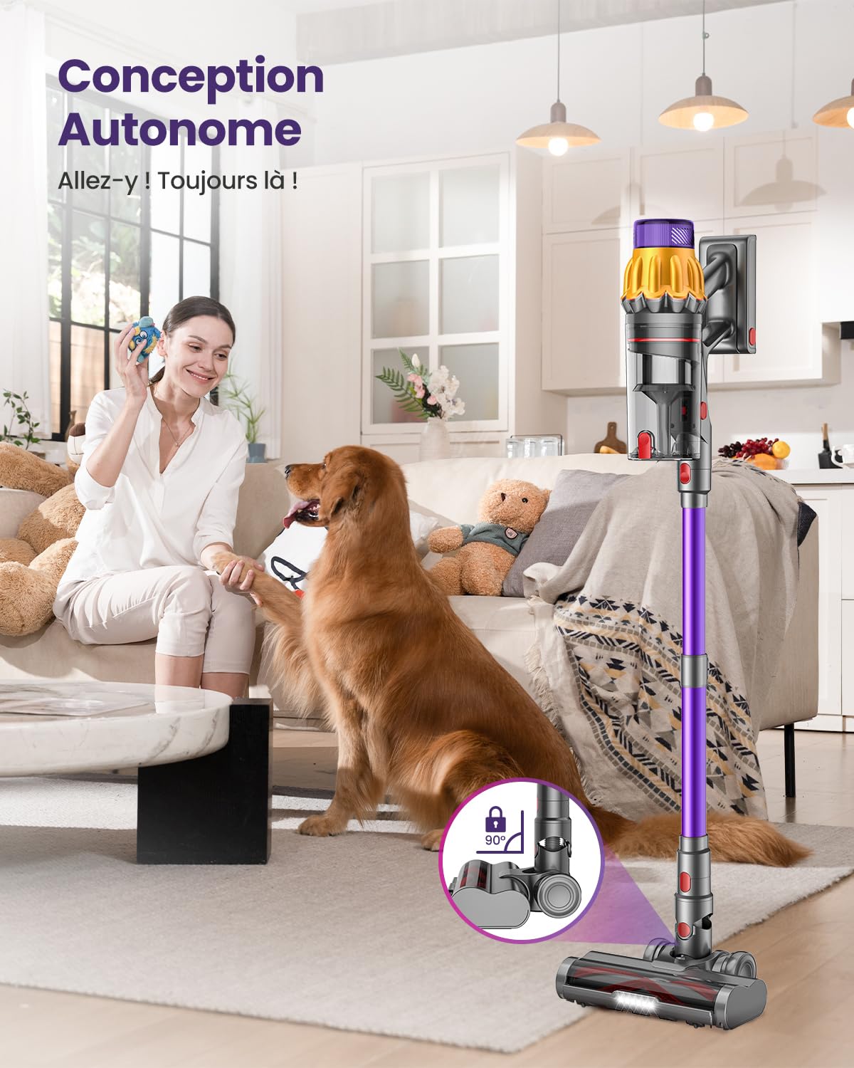 Aspirateur Balai Sans Fil avec 2 Batteries, 150Min/55KPA/600W/2.0L Aspirateur Sans Fil Puissant, Brosse Anti-Enchevêtrement/Support Mural Rechargeable/Écran LED, pour Poils d'Animaux/Tapis/Sols Durs