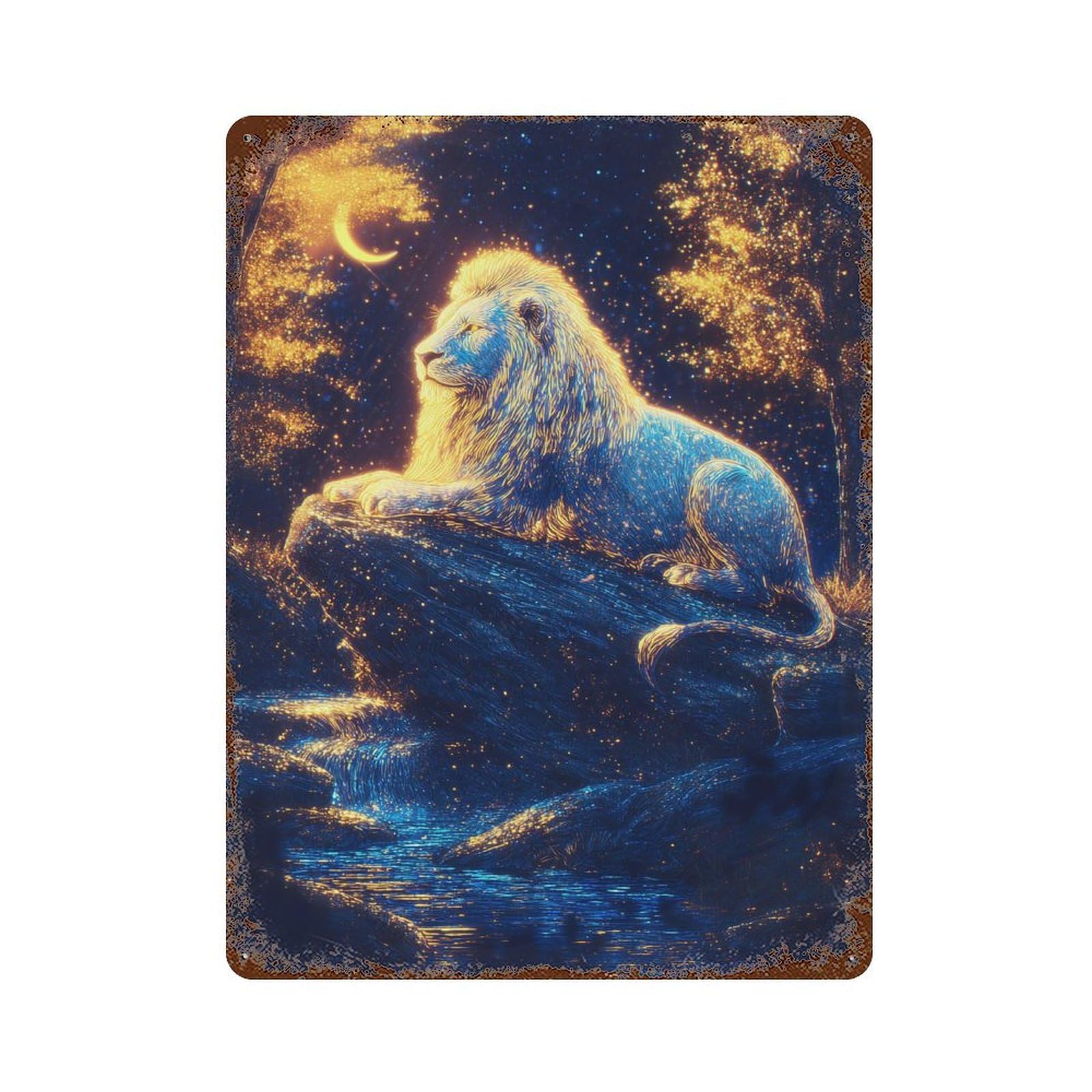 Rust Effect Enchanted Lion Night Scene Decorative Tin Sign 15.7"x11.8", Classic Wall Plaque for Pub, Kitchen And Man Cave Decor