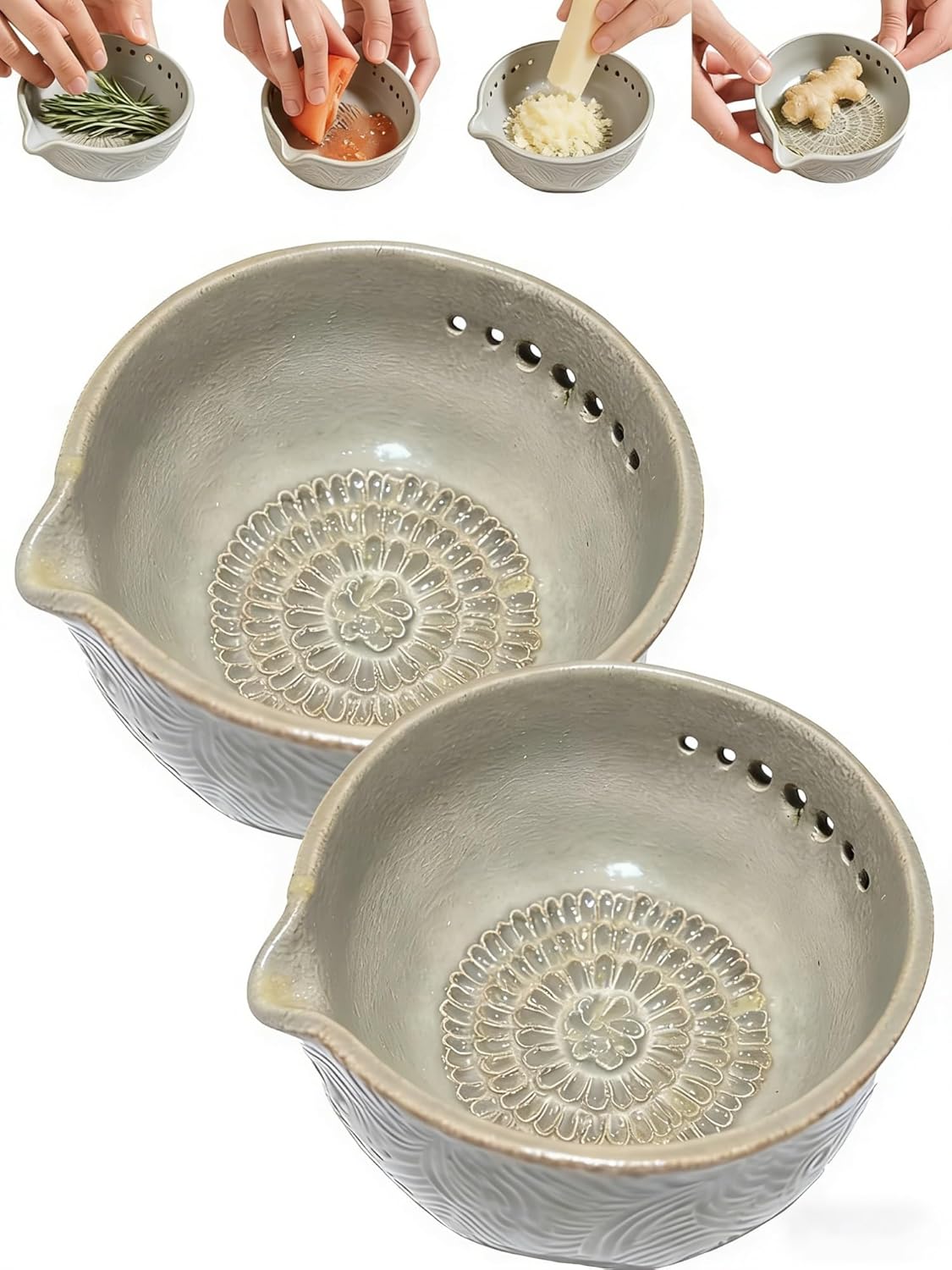 Handmade Garlic Grater X Herb Bowl, 2-in-1 Stoneware Kitchen Prep Tool With Built-In Grater And Herb Stripper Handcrafted Kitchen Utensilfor Fresh Ginger And Stripping Herb Leaves(2pcs)