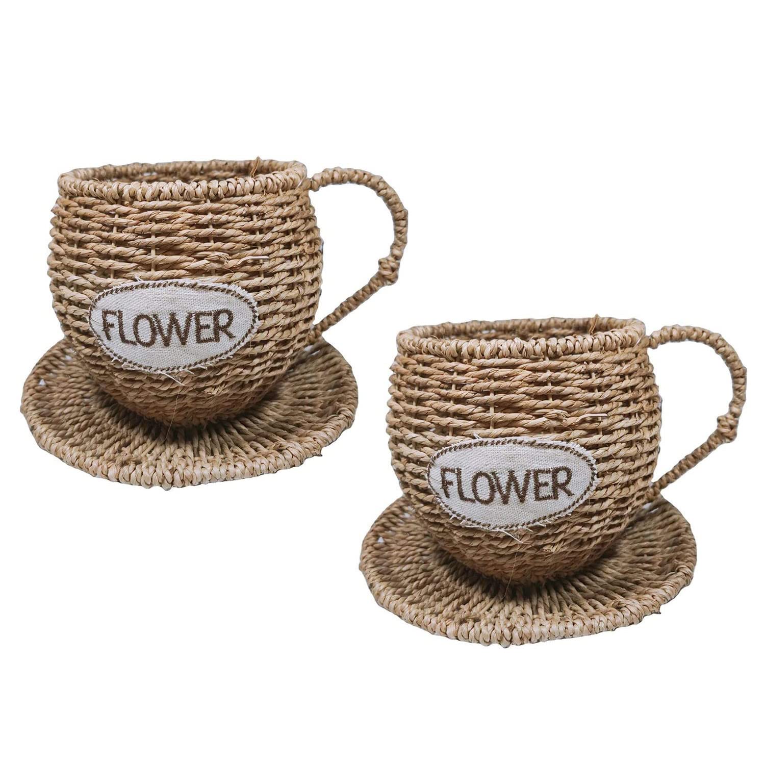 Azxaz Natural Woven Flower Basket Teacup Planters With Saucer Water Plants Flower Container Handmade Plant Pot Kitchen Living Room Garden Restaurant Décor (2Pcs)