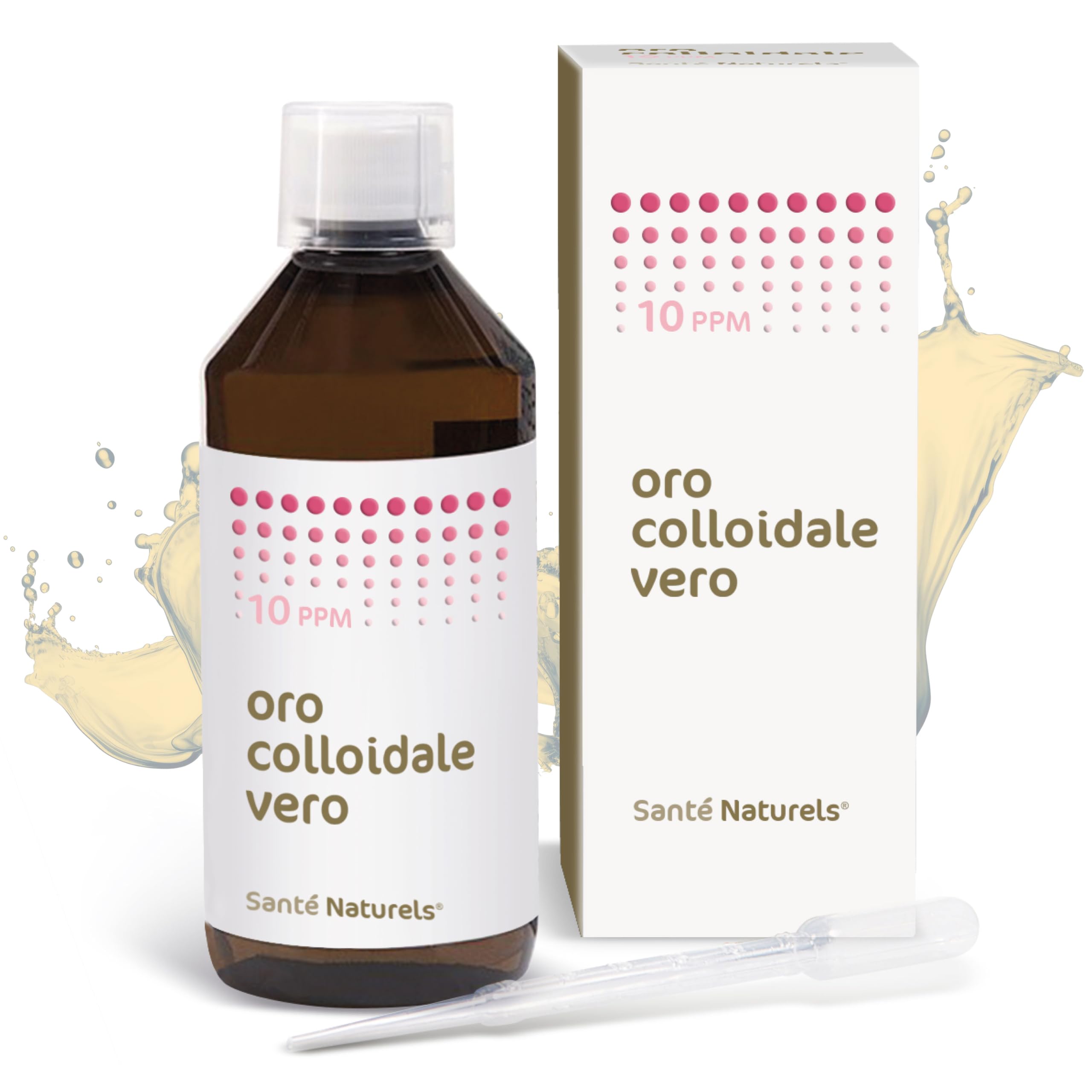 Oro Coloidal Verdadero ● 10 ppm 500 ml ● Particulado no Iónico con Pipeta Cuentagotas y Tapón Cuentagotas ● Made in Italy