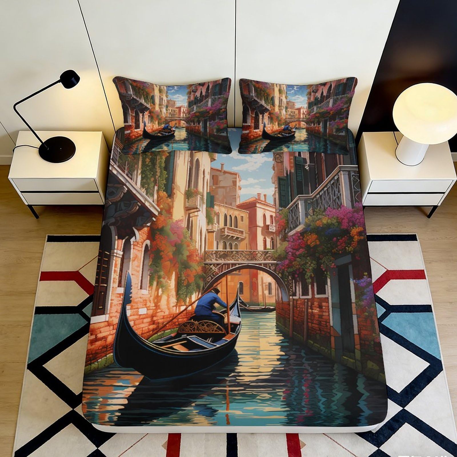 3D Printed Venice Canal Fitted Sheet Microfiber Soft Mattress Cover for Bedroom Guest Room Artistic Decor Easy Care 90x200x25cm