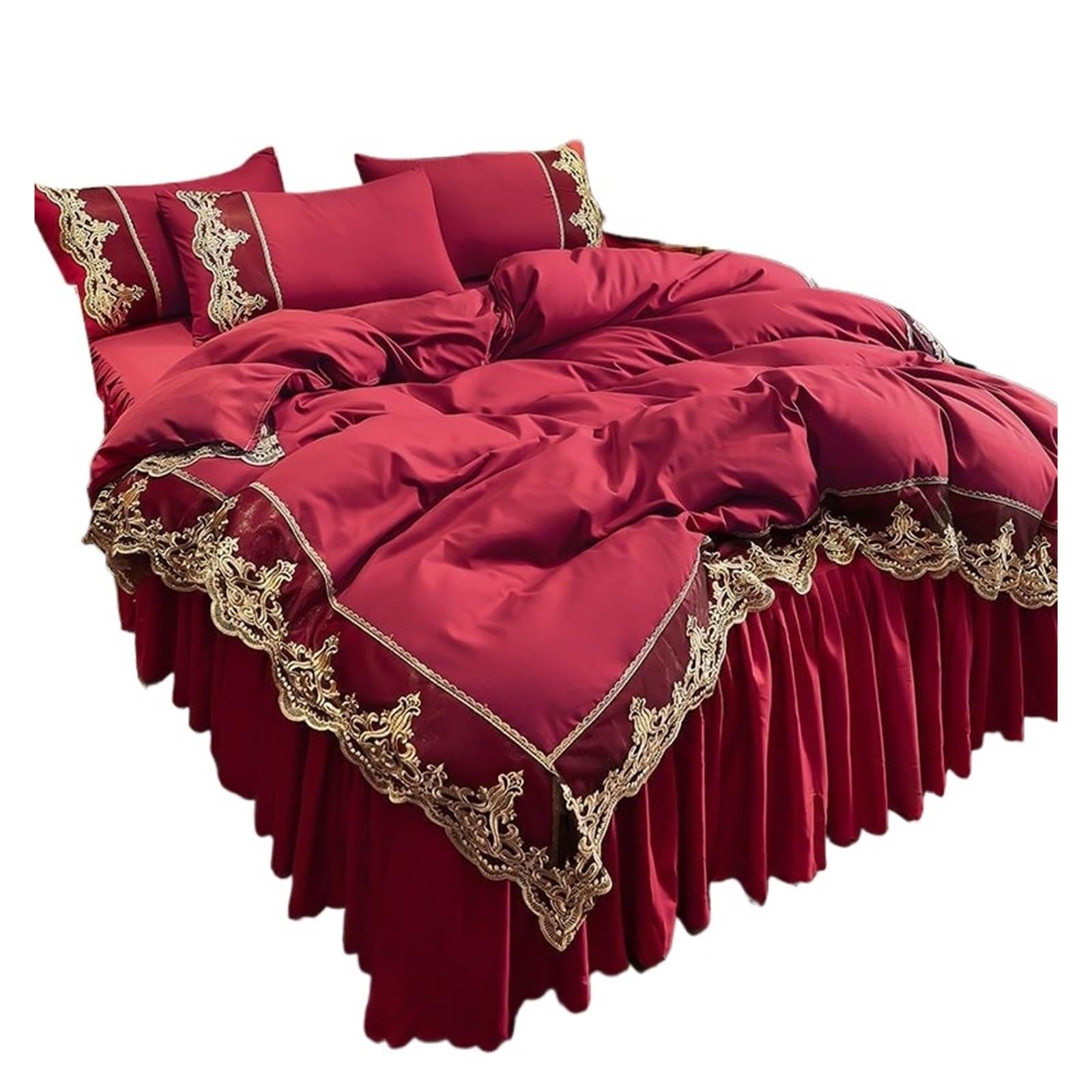 GCYEIDMA Ruffle Duvet Cover Lace-trimmed Bed Skirt Four-piece Set, Thickened Matte Quilt Cover Three-piece(Color 6,150X200cm3pcs Set)