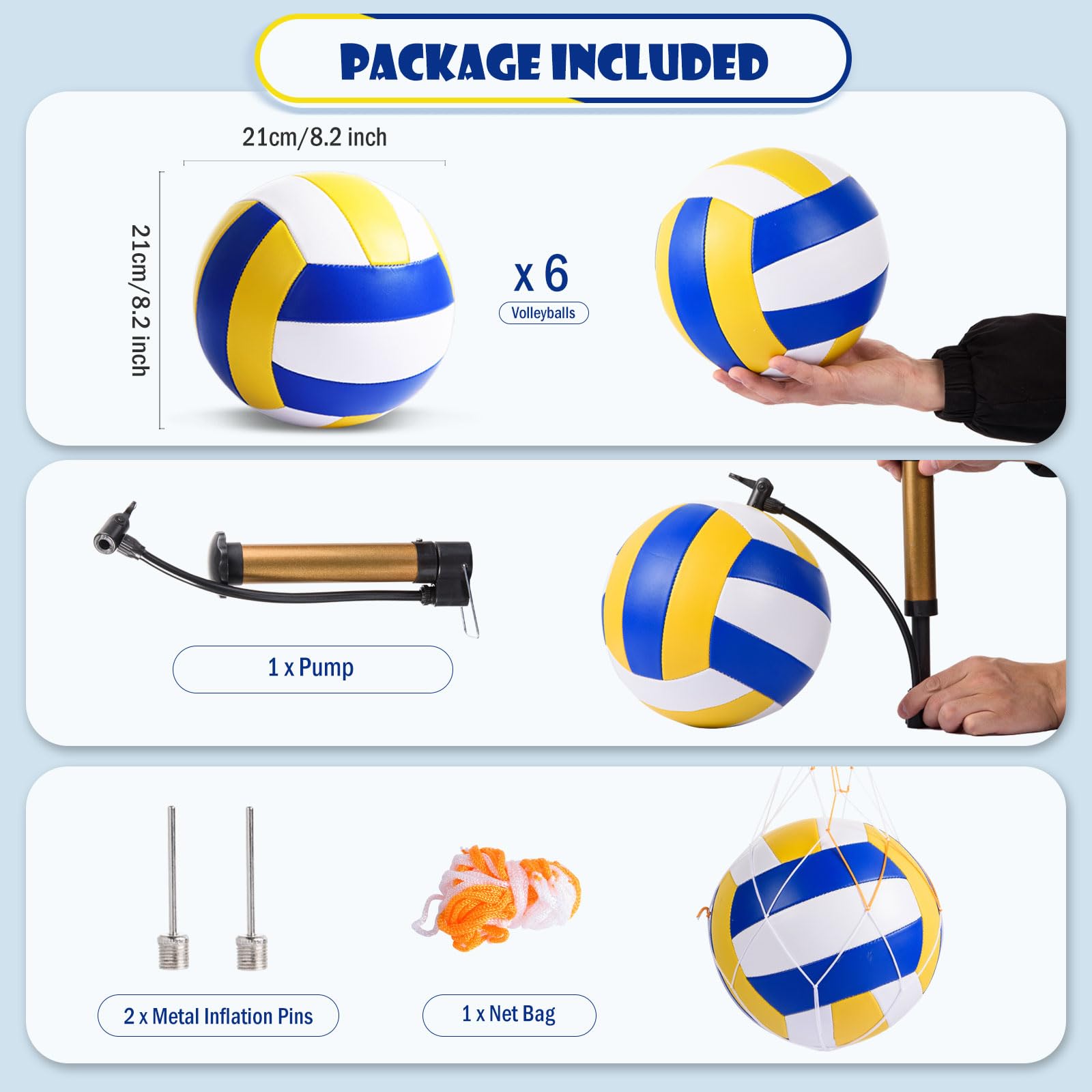 AWIZOM Volleybälle aus PU-Leder, offizielle Größe 5, 6 Stück, weiche Freizeit-Volleybälle für drinnen und draußen, Volleyball mit Pumpe, Netztasche, Aufblasstifte für Strand, Poolspiel, Fitnessstudio