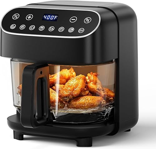 WAA Freidora de aire de vidrio de borosilicato alto 8 en 1, asar, recalentar, deshidratar, papas fritas, sin PFSA y sin recubrimiento, freidora de