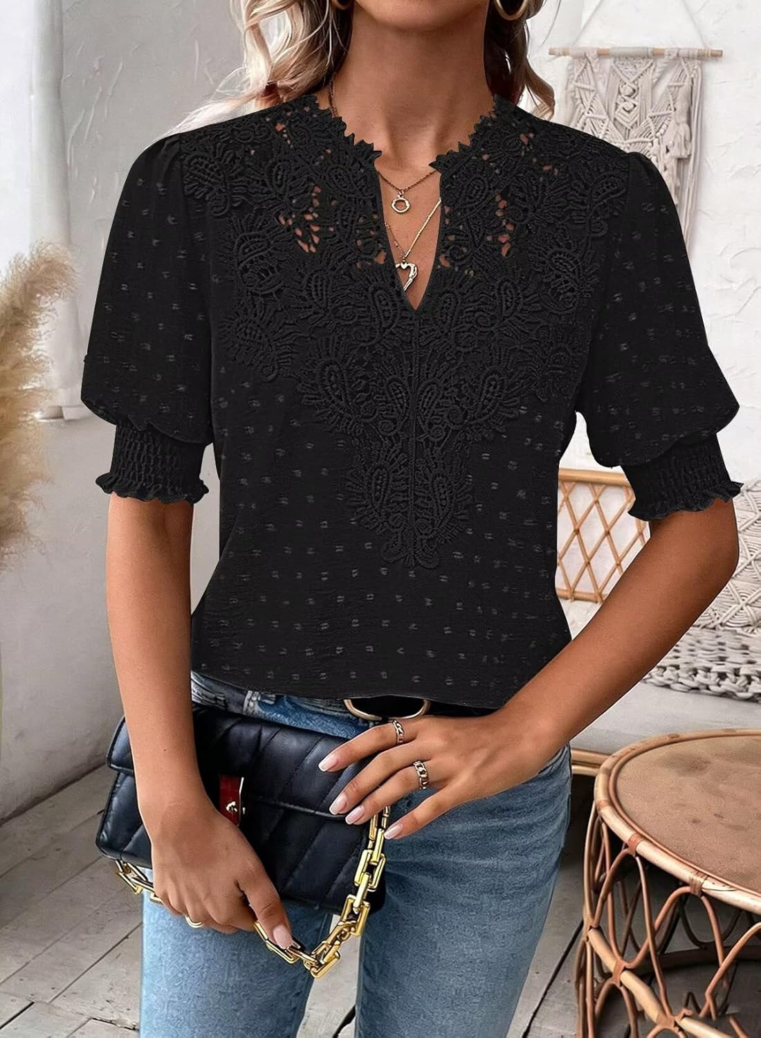 Womens Summer Tops Boho Short Sleeve Shirts V Neck Casual Chiffon Blouses Flowy Lace Hem Spring Clothing Trendy 2025 - Image 6